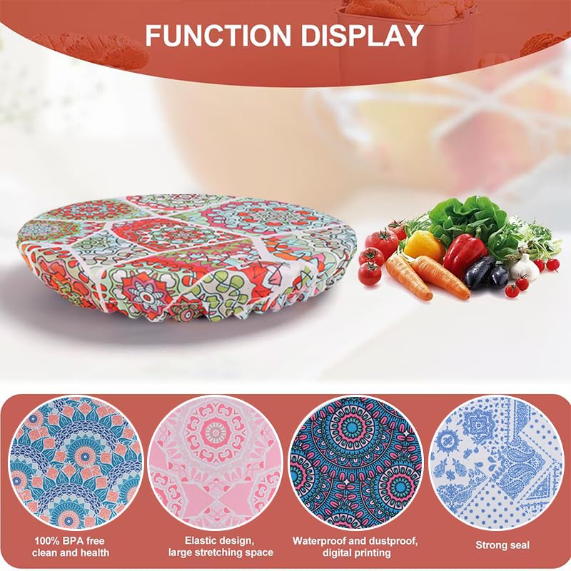 10Pcs Reusable Stretch Bowl Covers - 5 Sizes Elastic Food Covers for Kitchen Storage, Leftovers, Fruits, Bread Dough Proofing (Bohemian Style) | Eco-Friendly Dish Lids for Meal Prep & Food Preservation