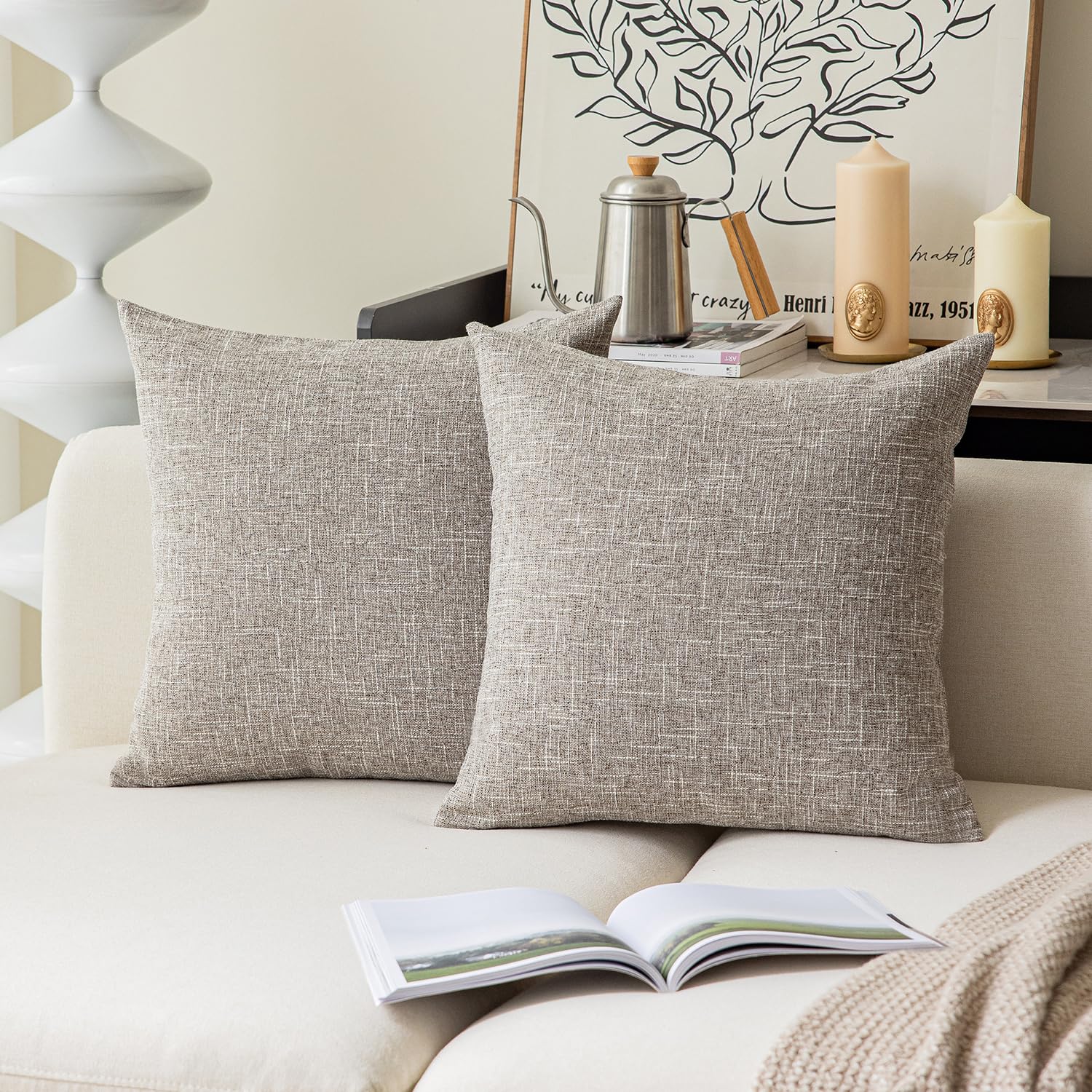 Kevin Textile 2 Pack Decorative Linen Throw Pillow Covers - Boho Style 26x26 Inch (66cm) Sesame Grey - Soft Couch Pillow Covers for Living Room, Bedroom, Outdoor Patio & Chair Decor