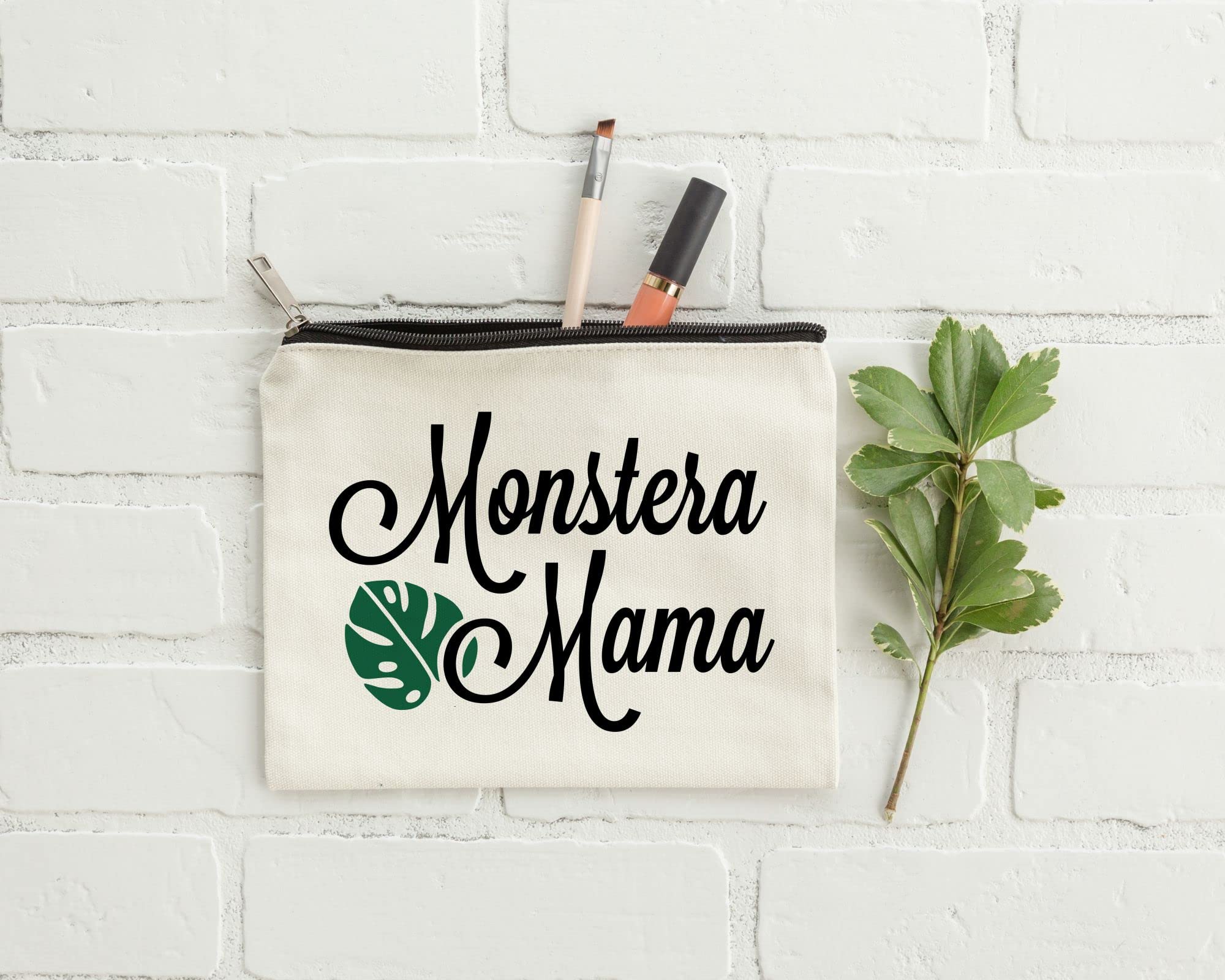 Moonwake Designs Monstera Mama Makeup Bag - Beige Cotton Canvas Cosmetic Pouch for Women, Plant Lover Gift Idea - Perfect for Travel, Gym & Daily Essentials Organization