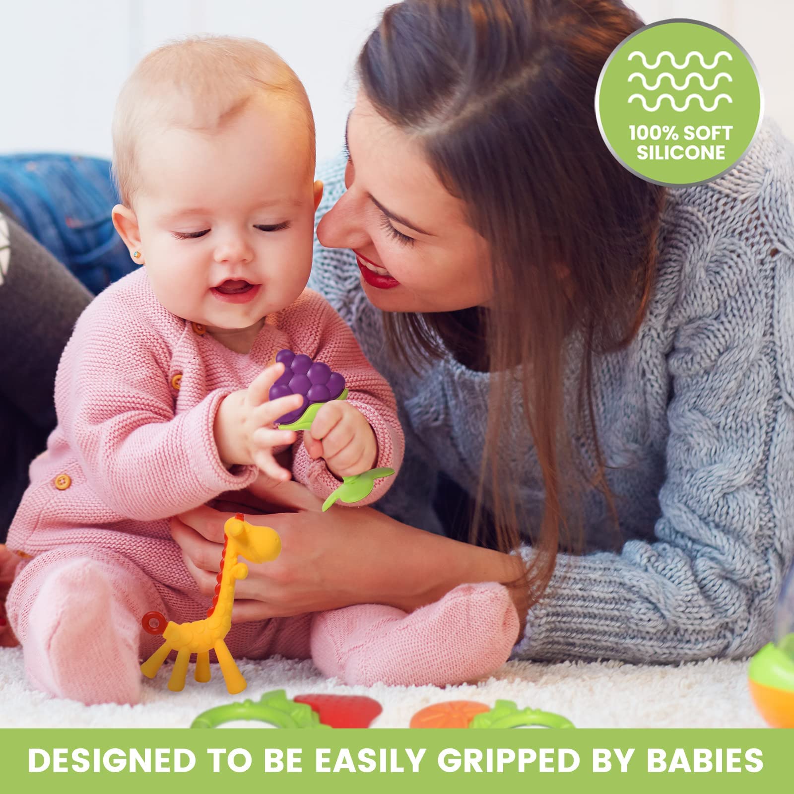 Organic Silicone Baby Teethers for 0-6 Months - 6 Pack Freezer Safe Teething Toys for Newborns & Infants | Soothing Gum Relief | Perfect Baby Shower Gift for Boys & Girls | Use for Home, Travel & Daycare