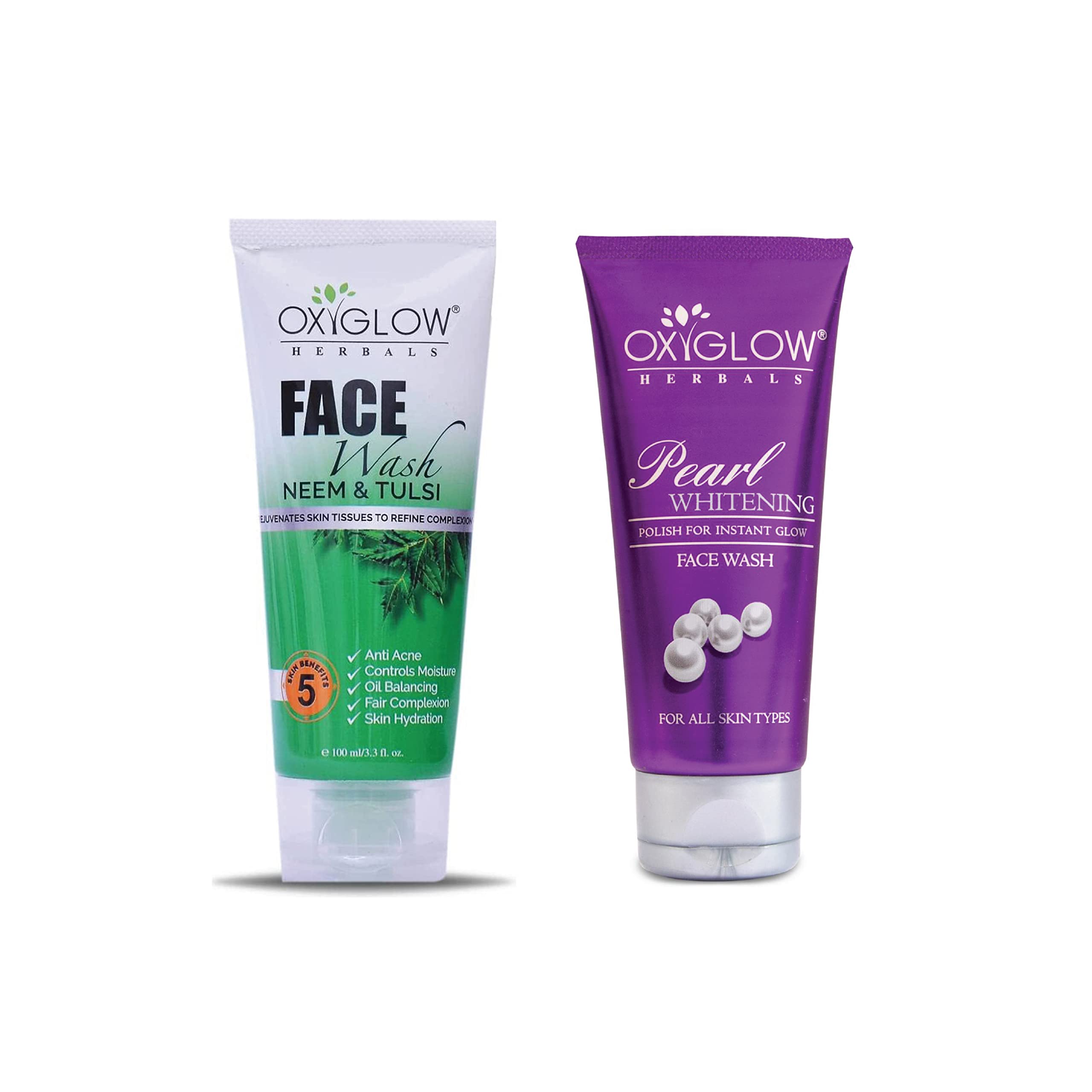 OxyGlow Herbals Neem Tulsi & Pearl Whitening Face Wash Combo Pack - 100gm Each | Natural Ayurvedic Cleanser for Acne & Brightening | Perfect for Daily Skincare Routine & Travel