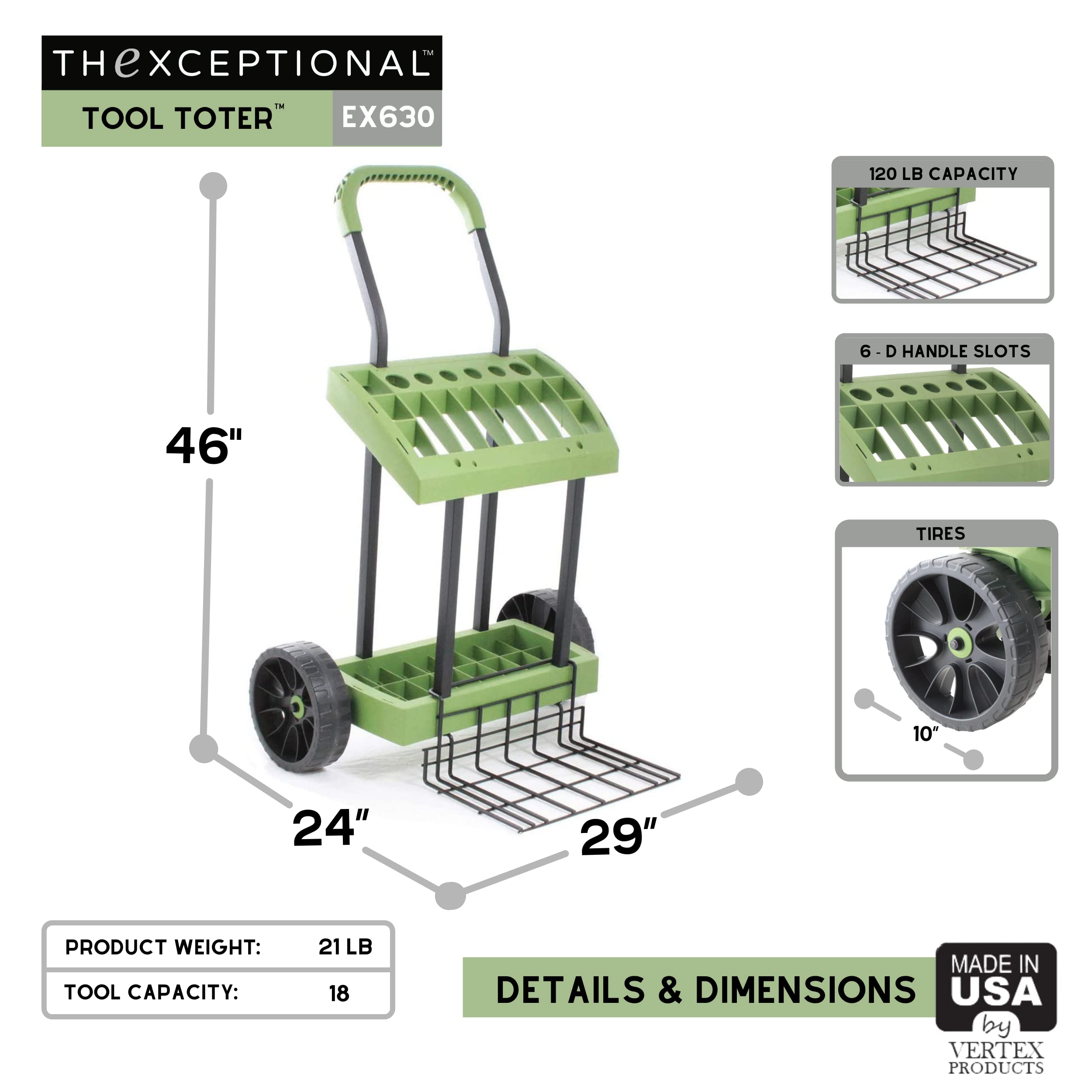 Vertex EX630 Rolling Tool Cart with Load Toter Lift Plate - Heavy Duty Garden Utility Wagon for Rakes, Shovels & Hoes - Mobile Storage & Organization Solution for Gardeners, Landscapers & DIYers - Perfect for Yard Work, Farm Use & Outdoor Projects - Made in USA