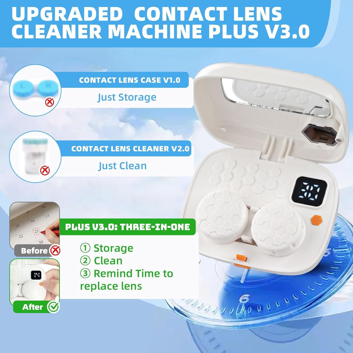Automatic Contact Lens Cleaner Machine with Night Light - Vibration Cleaning Kit for Soft Lenses - Travel-Friendly Case (White) - Perfect for Travel, Night Use & Daily Lens Care