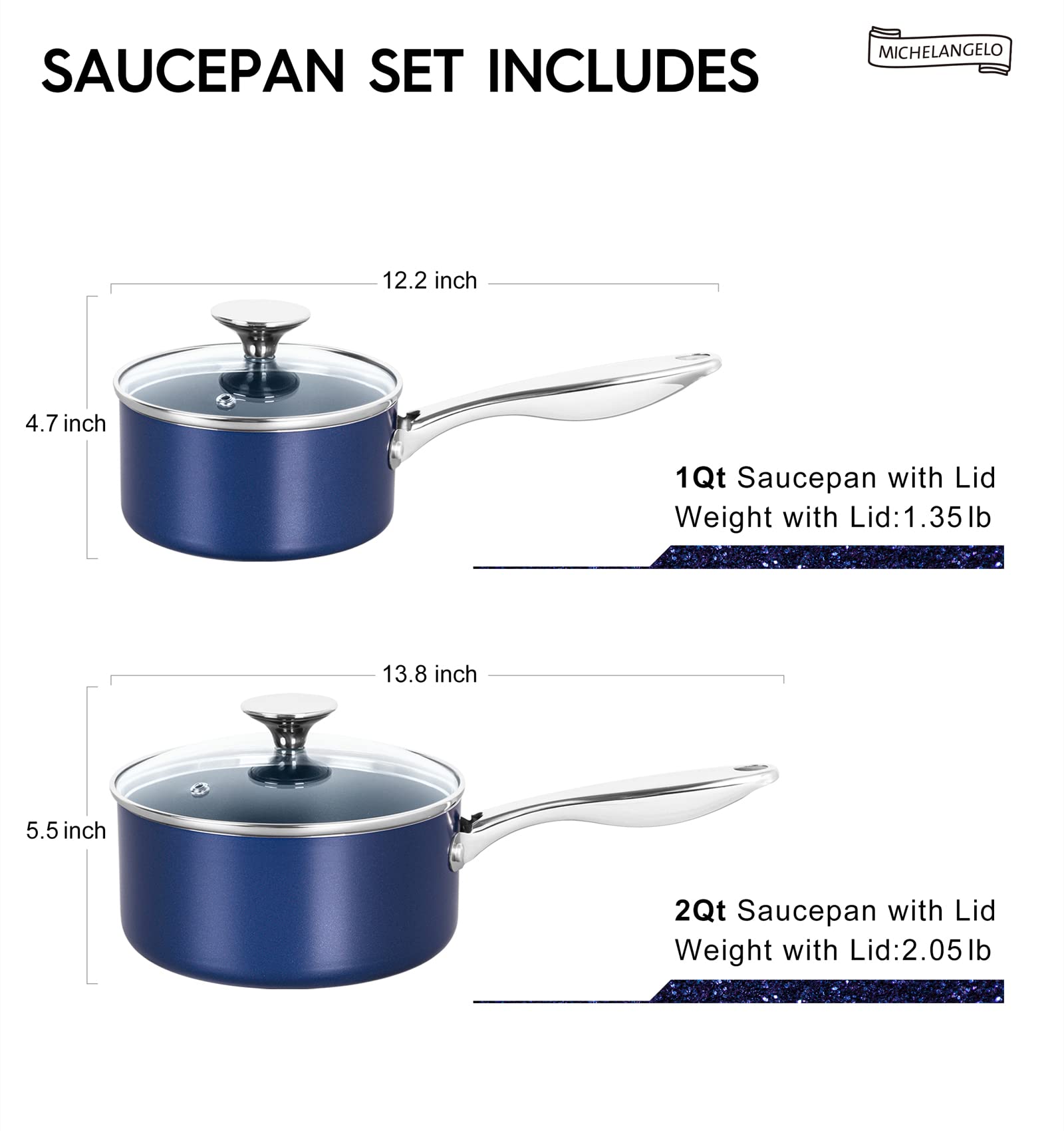 MICHELANGELO 1Qt & 2Qt Ceramic Nonstick Saucepan Set with Lids - Stainless Steel Handle, Oven Safe Cookware (Blue) - Perfect for Boiling, Simmering & Sauce Making in Home Kitchens