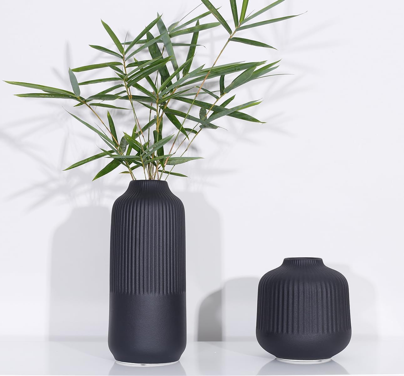 Matte Black Ceramic Flower Vase Set of 2 - 10 Inch Ribbed Nordic Style Vases for Fresh & Dried Flowers, Pampas Grass - Perfect for Home, Office & Shelf Decor - Elegant Centerpiece for Living Room, Dining Table & Wedding Arrangements