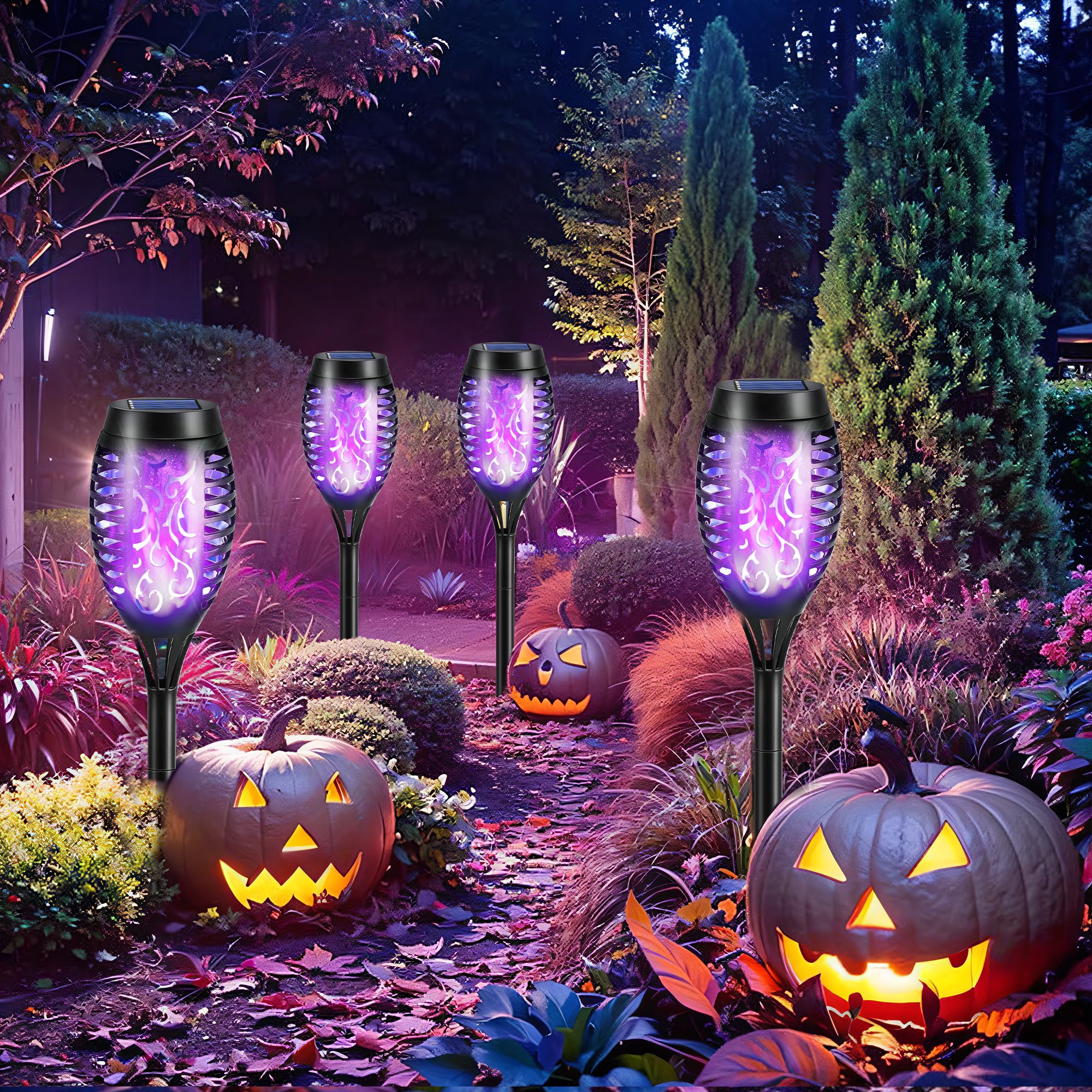 12 Pack Purple Solar Powered Tiki Torch Lights - Waterproof Outdoor Christmas Decorations with Realistic Flickering Flame - Perfect for Patio, Garden, Pathway & Holiday Lighting