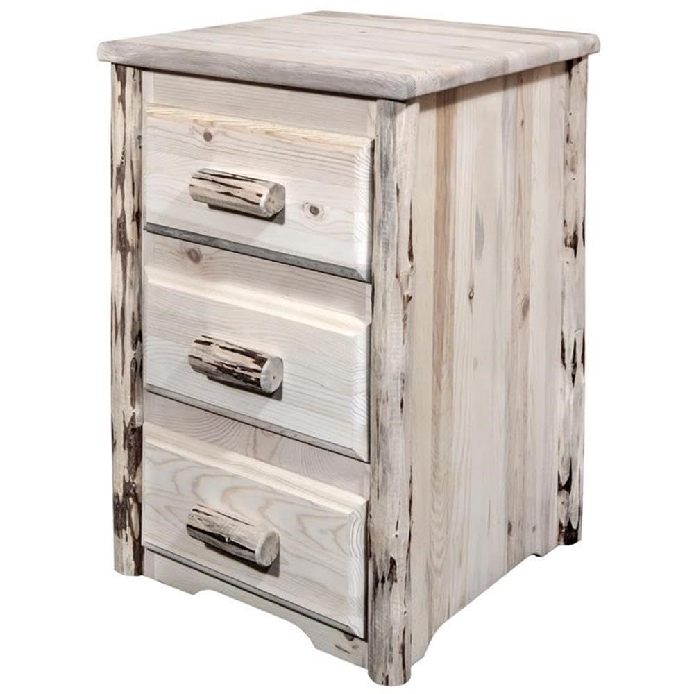 Montana Woodworks Collection Nightstand with 3 Drawers - Solid Wood Bedside Table with Clear Lacquer Finish for Bedroom, Guest Room, or Dormitory - Stylish and Functional Storage Solution