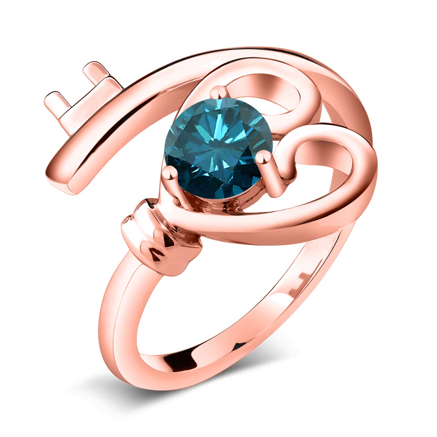 0.55 Ct Round Blue Diamond Heart Key Ring - 18K Rose Gold Plated Silver - Gem Stone King | Perfect Gift for Anniversary, Valentine's Day & Special Occasions