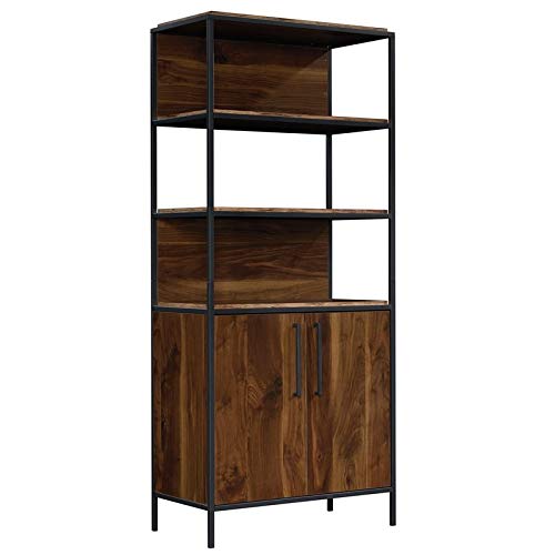 Pemberly Row Walnut Engineered Wood & Metal Bookcase with Doors - Stylish Storage for Home Office, Living Room & Library