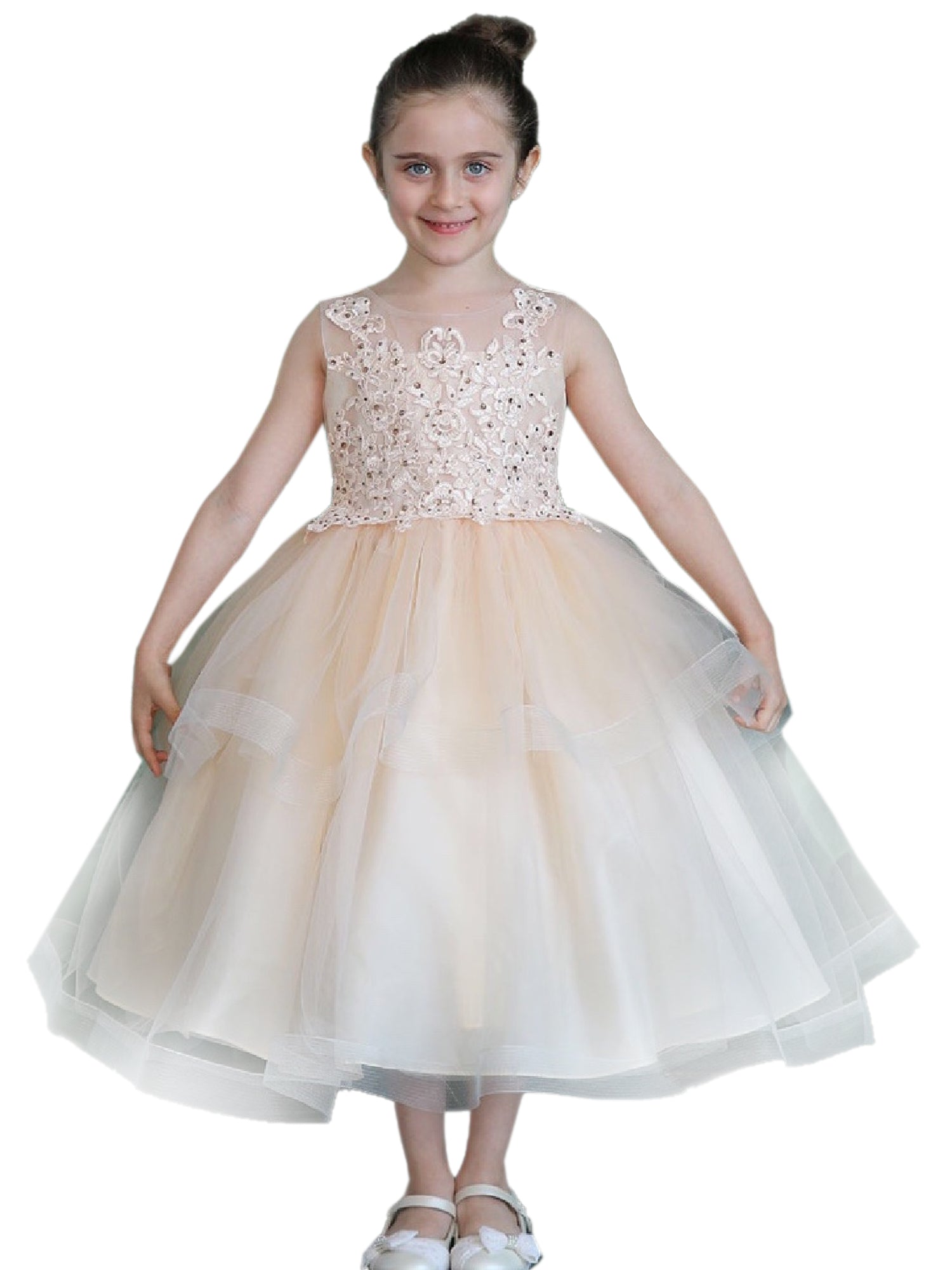 Champagne Illusion Neckline Lace Organza Junior Bridesmaid Dress for Big Girls Size 8-16 - Perfect for Weddings, Prom & Formal Events