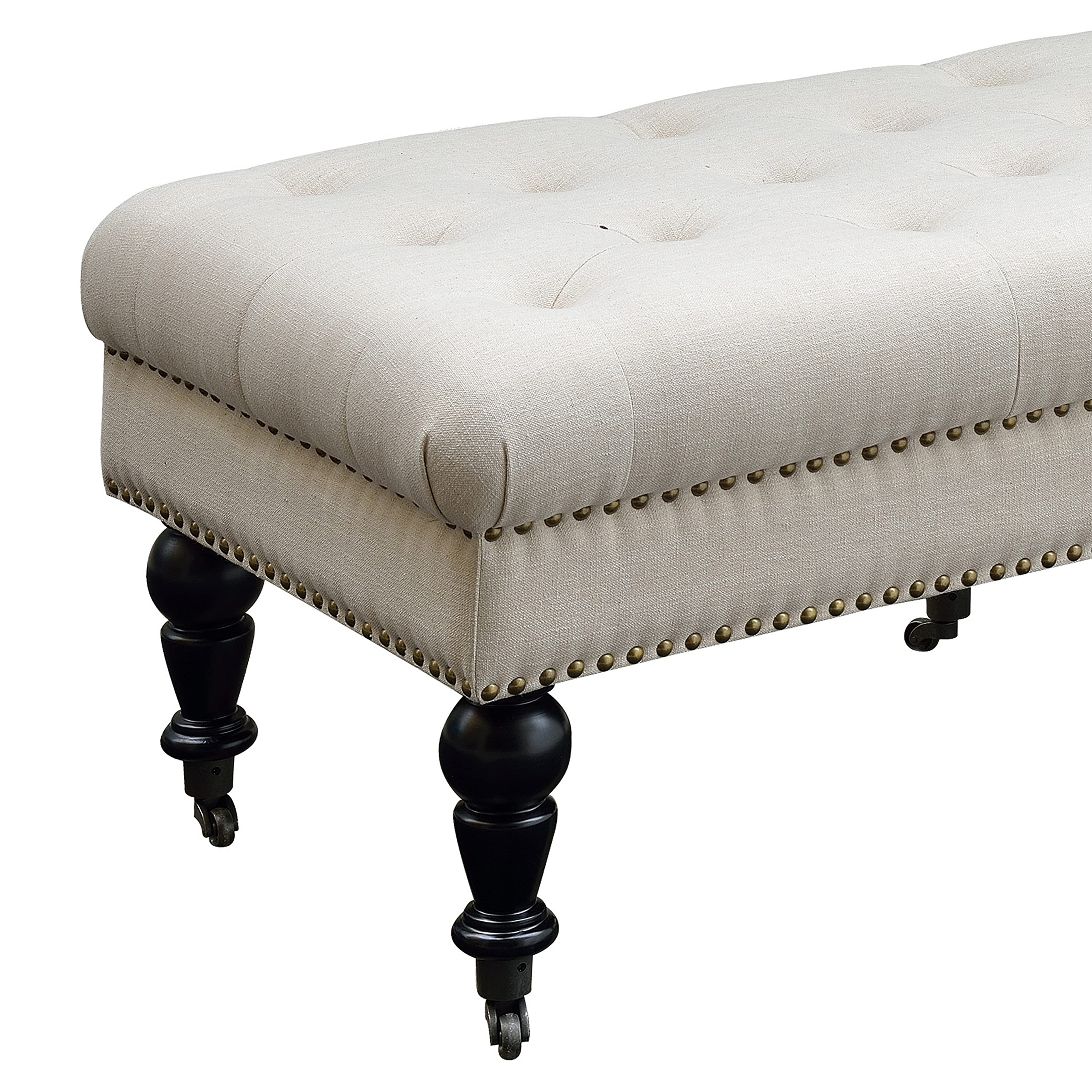 Benjara Button Tufted Bench with Caster Wheels - Upholstered Storage Ottoman in Black & Beige | Perfect for Living Room, Bedroom, or Entryway Seating
