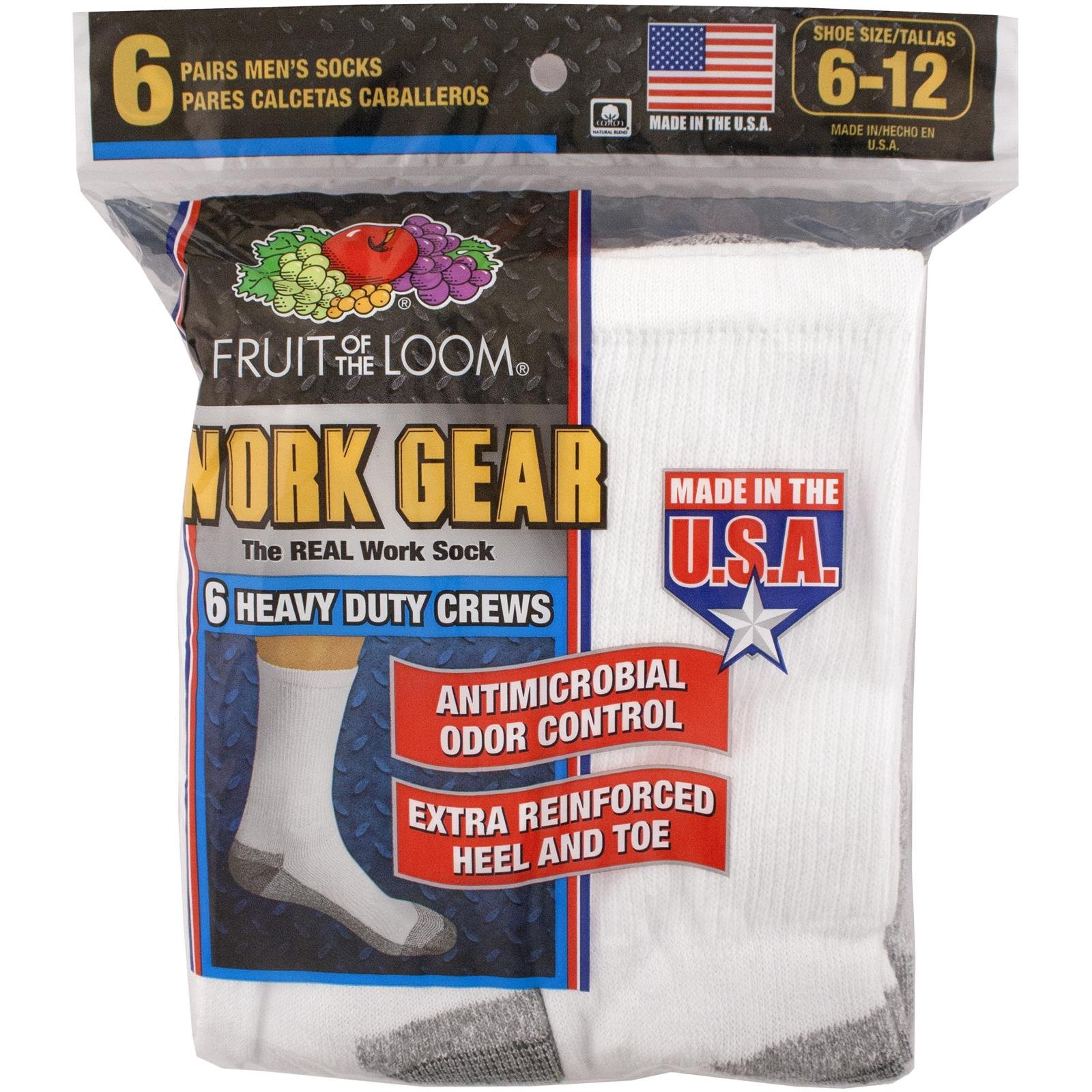 Fruit of the Loom Men's 6-Pair Heavy Duty Work Crew Socks - White (Sizes 6-12) | Durable Cotton Work Socks for Construction, Hiking & Outdoor Activities