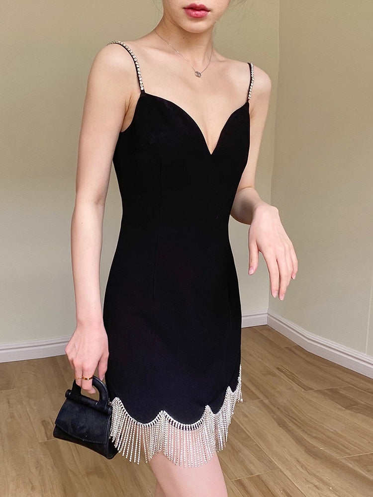 Sexy Black V-Neck Sleeveless Mini Dress for Women - High Waist Patchwork Design with Chain Tassel Hem | Perfect for Night Out, Party, Date Night and Club Wear