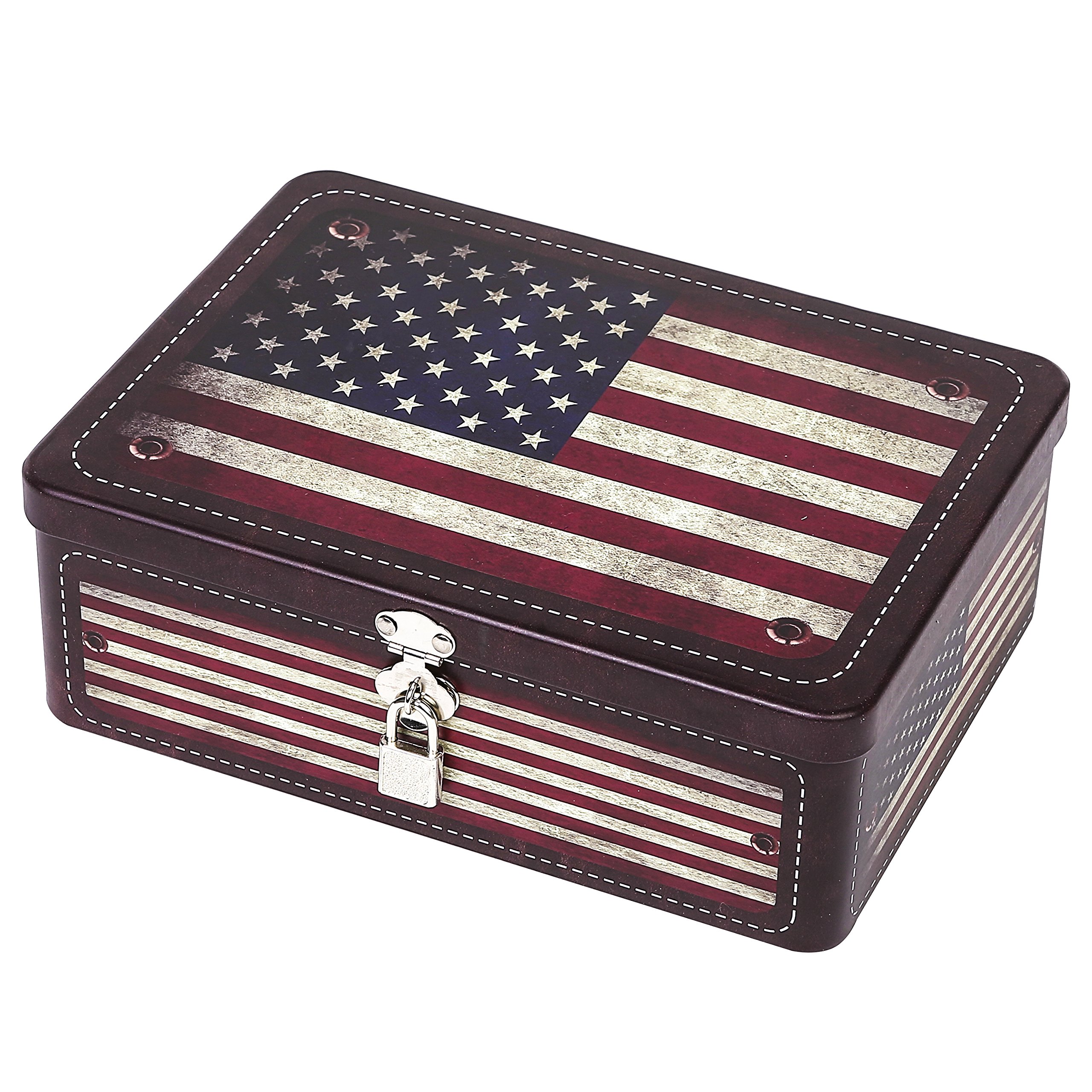 MyGift Vintage American Flag Decorative Metal Storage Box with Lockable Lid - Perfect for Home Decor, Jewelry Organization & Keepsake Storage