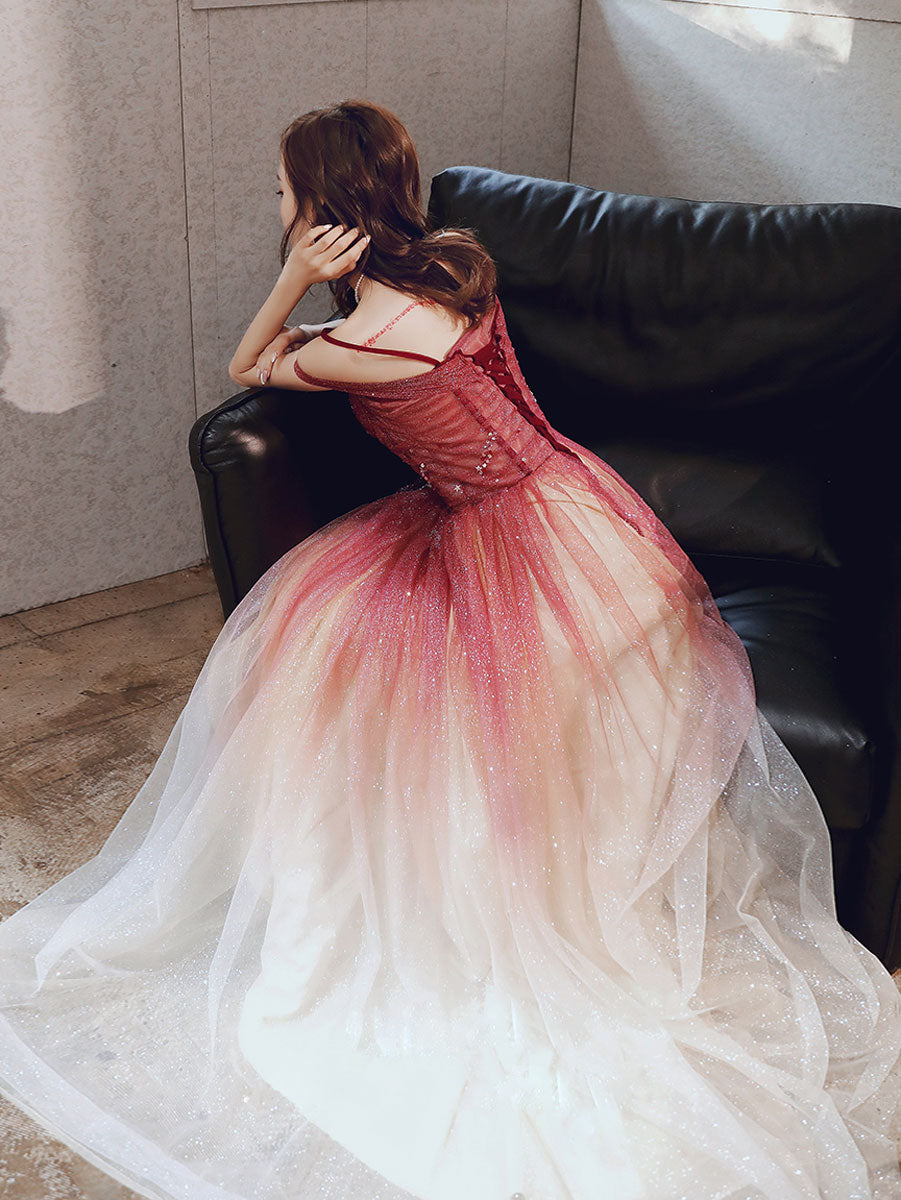 Elegant A-Line Sweetheart Neckline Burgundy Tulle Long Prom Dress - Off Shoulder Evening Gown for Formal Dances & Special Occasions