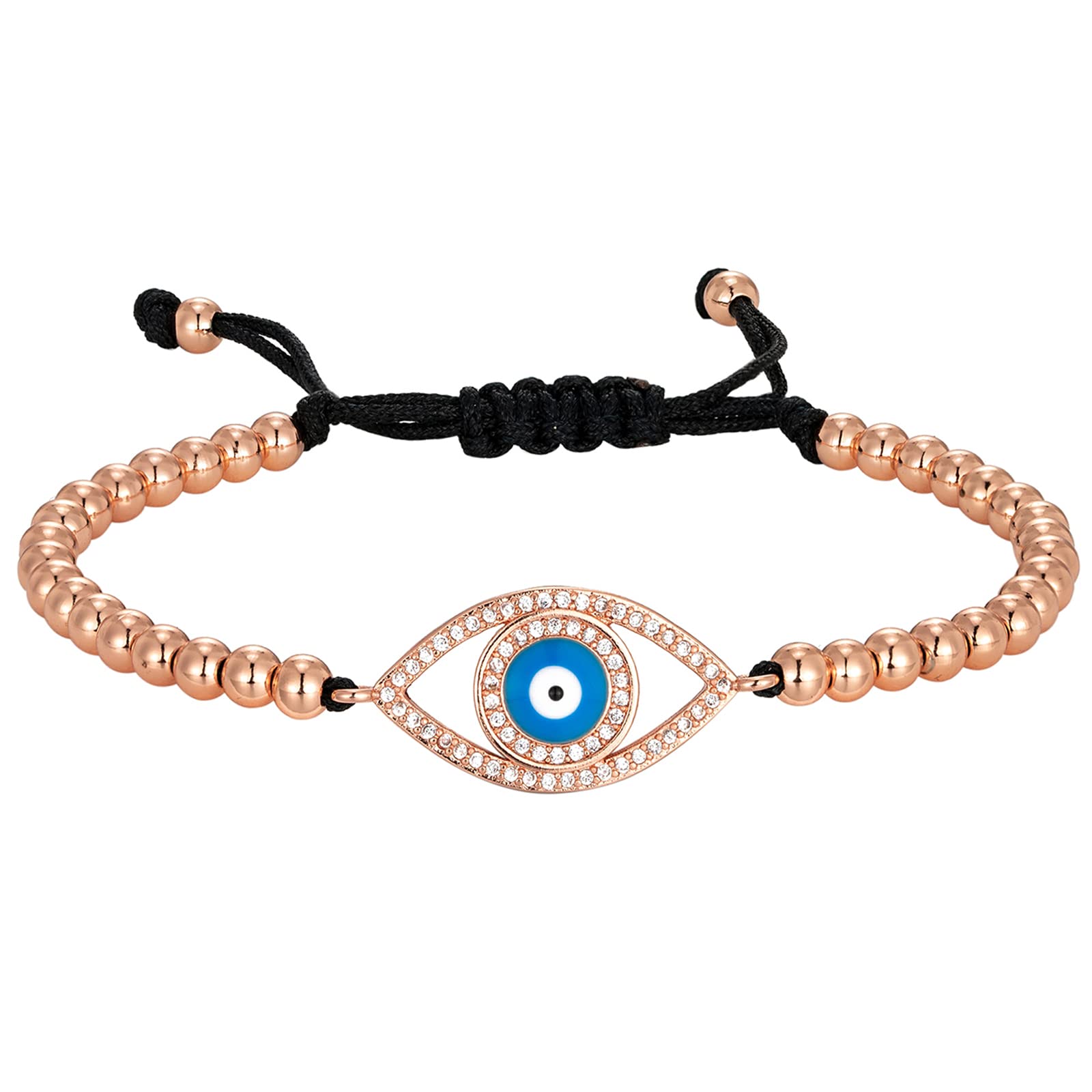 OUXi Evil Eye Protection Bracelet - Handmade Adjustable Rose Gold Braided String Beads with Cubic Zirconia, Blue Eye Charm for Women, Men & Teens | Spiritual Jewelry for Good Luck & Positive Energy