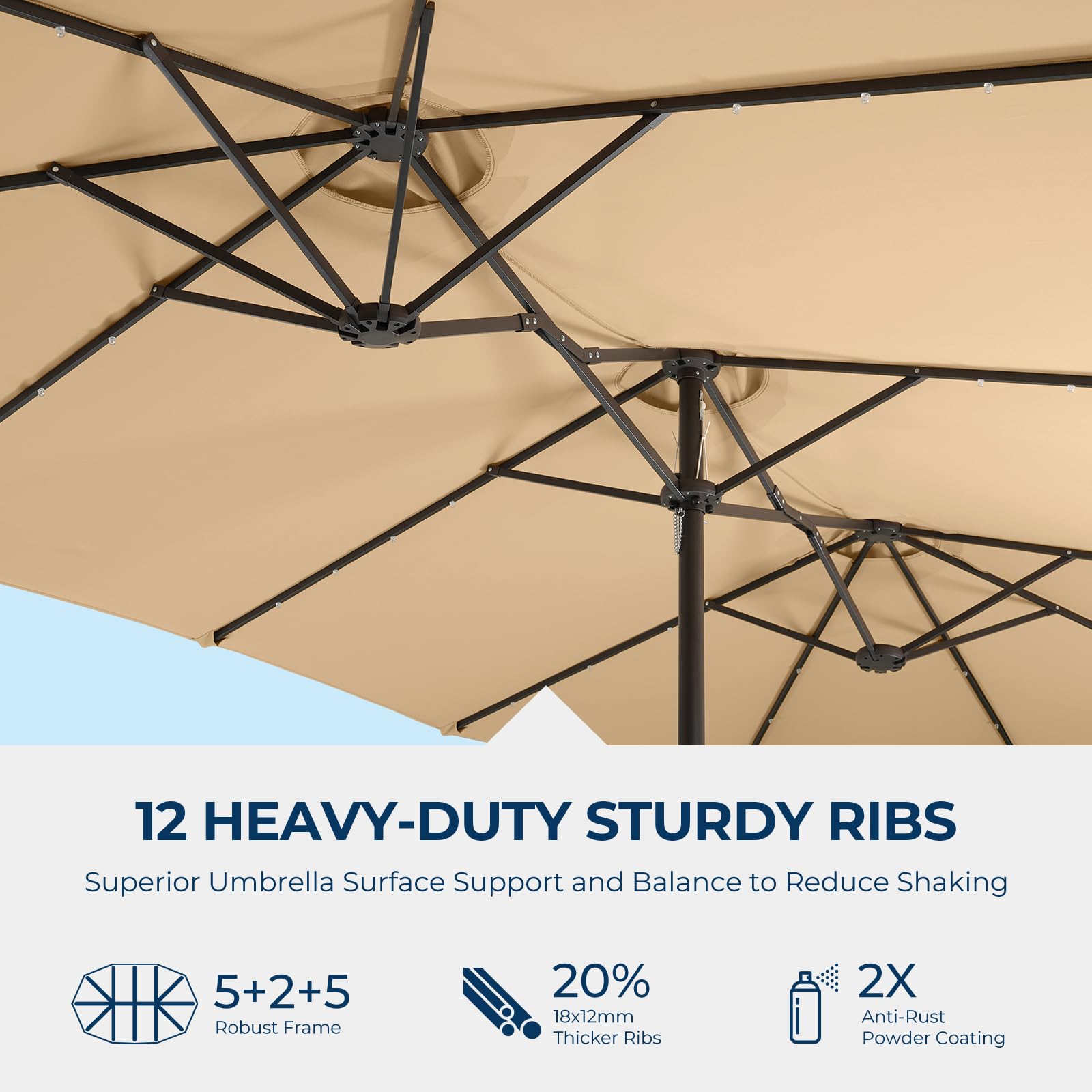 15ft Solar LED Double Sided Patio Umbrella with Base - Extra Large Outdoor Market Table Umbrella for Deck, Pool, Backyard - Perfect for Outdoor Dining, Lounging, and Entertaining (Beige)