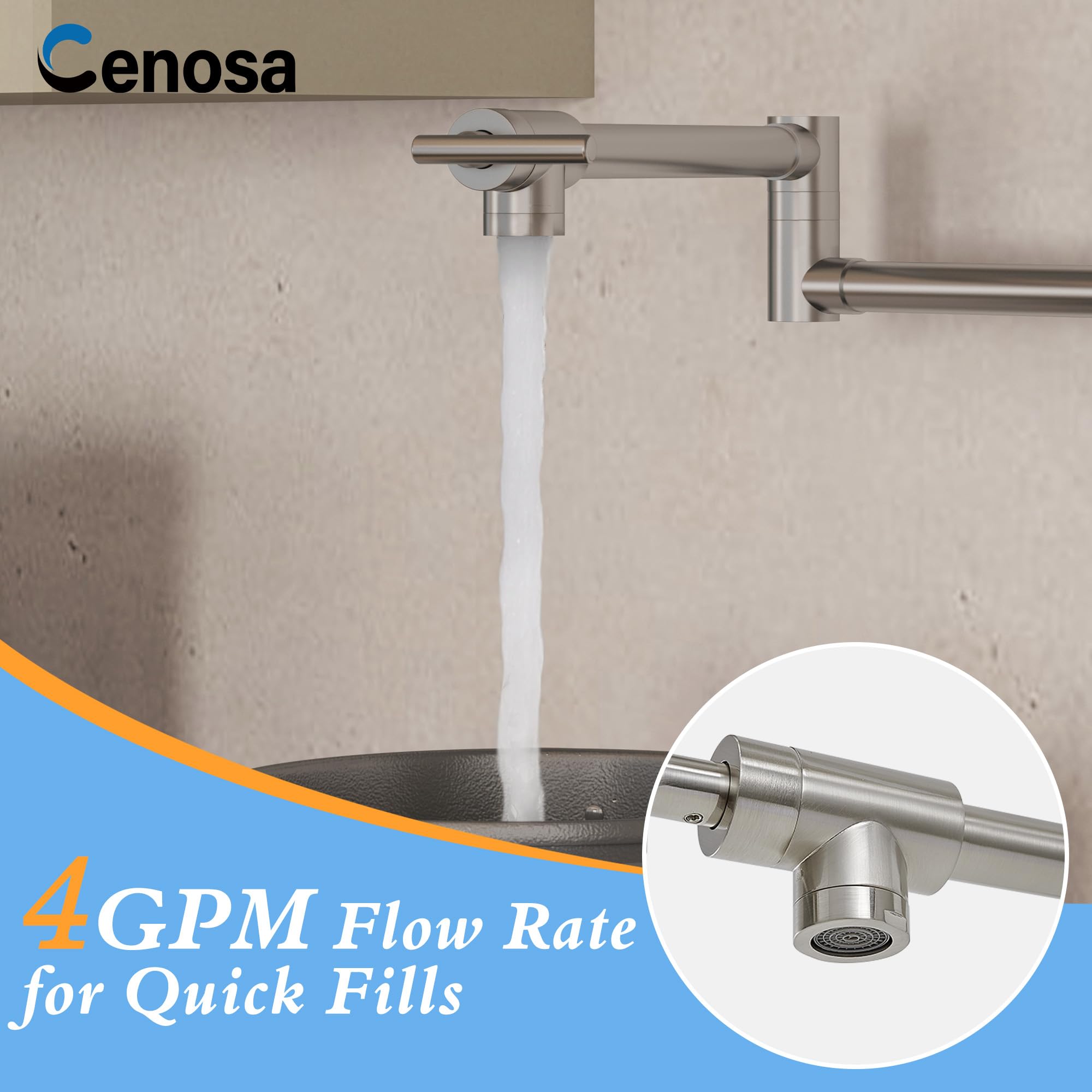 Commercial Brushed Nickel Wall Mount Pot Filler Faucet - Lead-Free Stove Faucet for Kitchen, Perfect for Cooking, Filling Pots & Pans