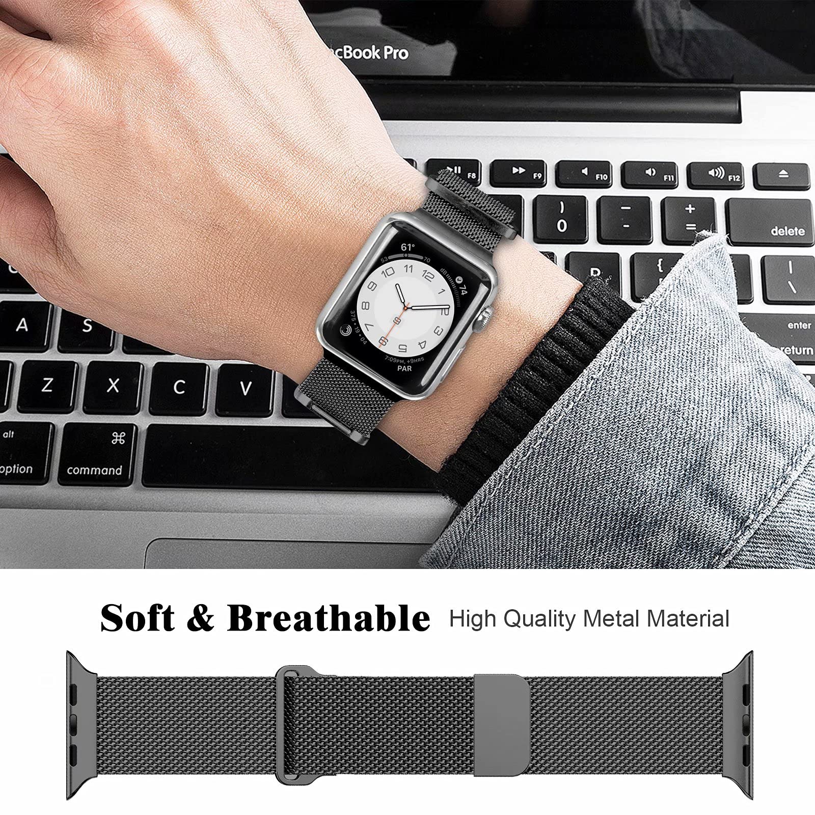 Premium Stainless Steel Milanese Loop Band for Apple Watch 44mm - Magnetic Mesh Strap Compatible with iWatch Series 10/9/8/7/6/5/4/3/2/1 & SE - Adjustable Replacement Watchband for Women & Men (Black) | Perfect for Workouts, Office Wear & Everyday Fashion