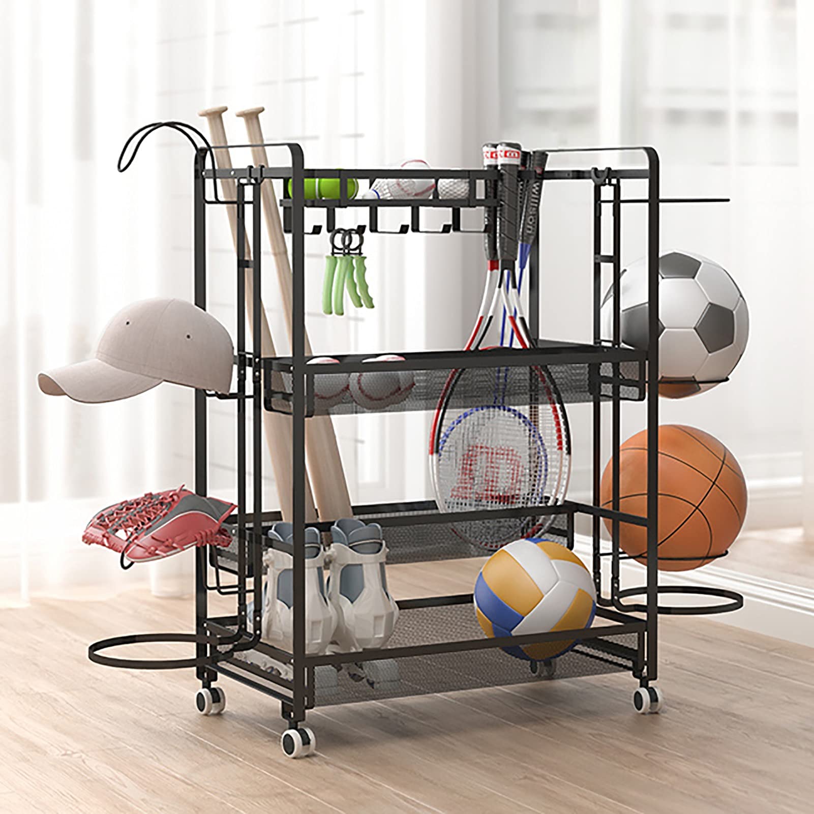 CMMC Rolling Sports Equipment Storage Rack with Baskets & Hooks - Garage Ball Organizer for Basketball, Soccer, Football Gear - Indoor & Outdoor Sports Gear Storage Solution for Home, Gym, and Playroom Organization