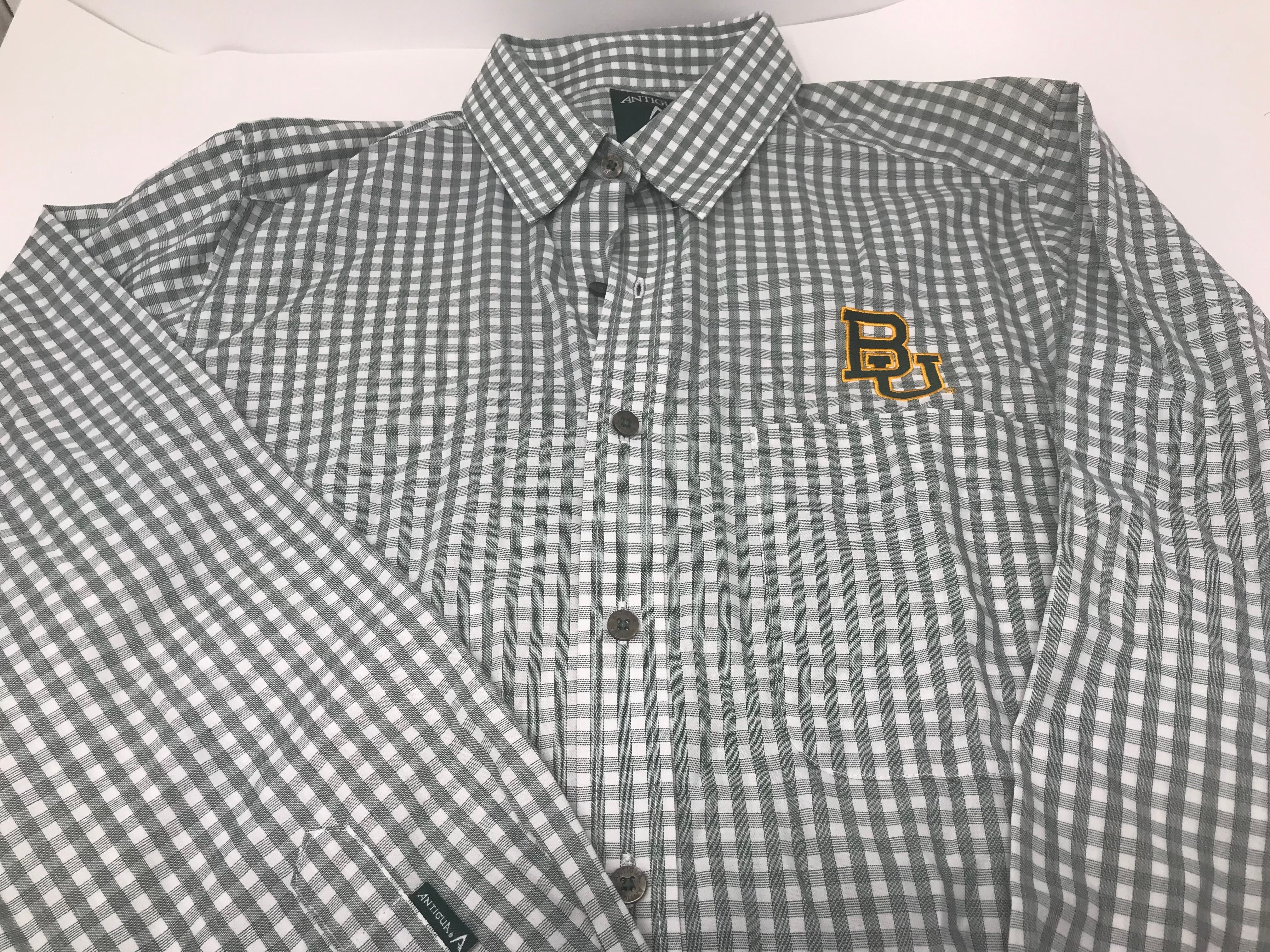 New Antigua Boston University Logo Men's Structured Long Sleeve Shirt - Small, Green & White - Perfect for Game Day, School Spirit & Casual Wear