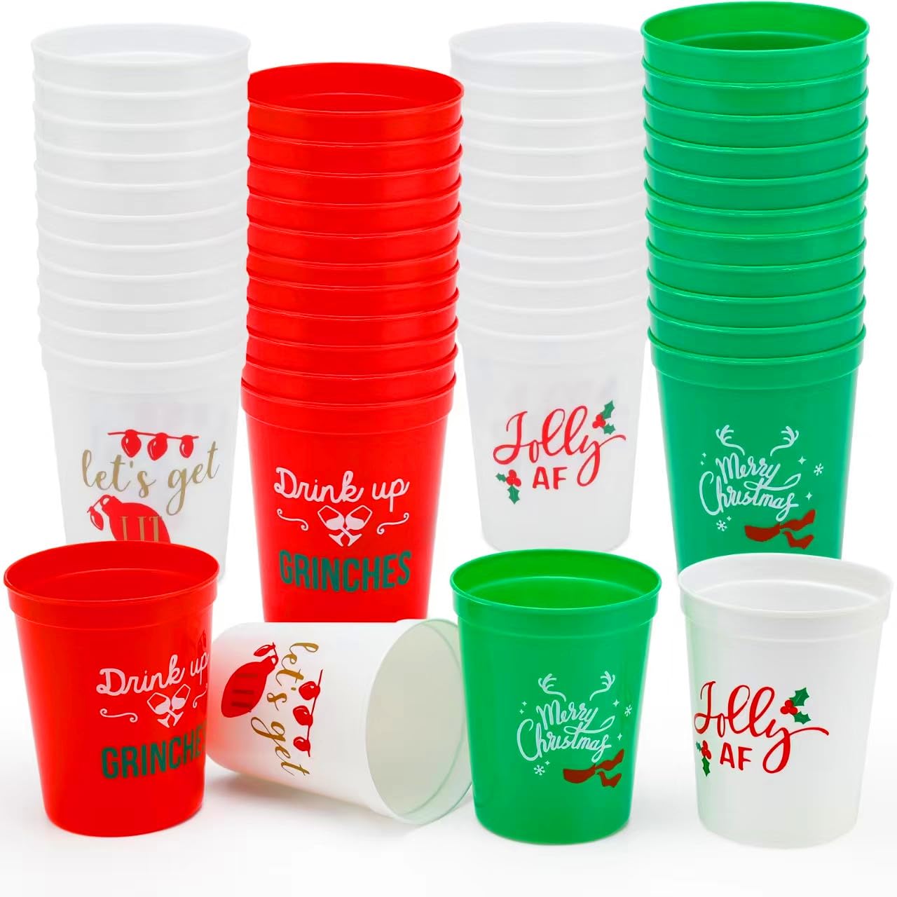 24 Pack Christmas Party Plastic Cups - 16oz Red & Green Holiday Stadium Cups with 4 Festive Drinking Pun Designs, Perfect for Christmas Party Supplies, Office Celebrations & Family Gatherings