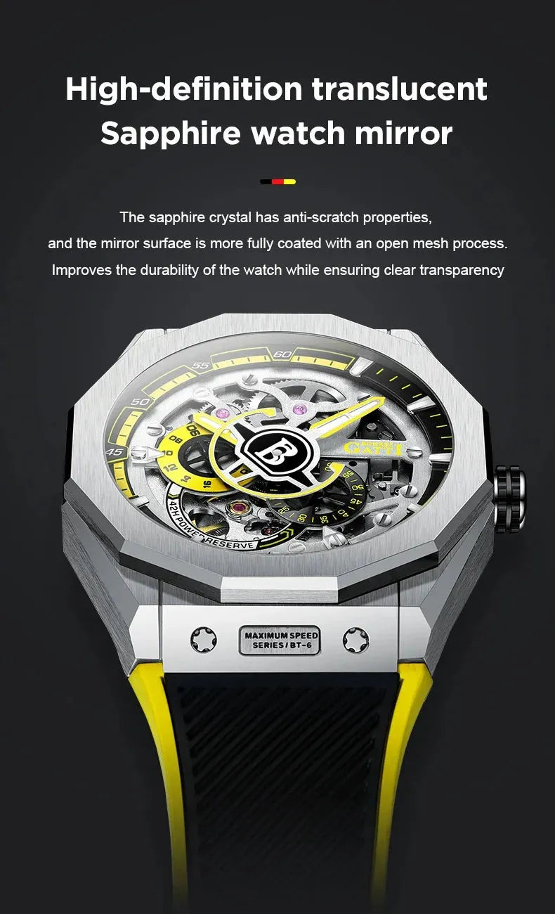 BONEST GATTI Men's Luxury Automatic Skeleton Mechanical Watch - 50M Waterproof, Luminous Hands, Sapphire Crystal, 42-Hour Power Reserve - Perfect for Business, Formal Events & Daily Wear