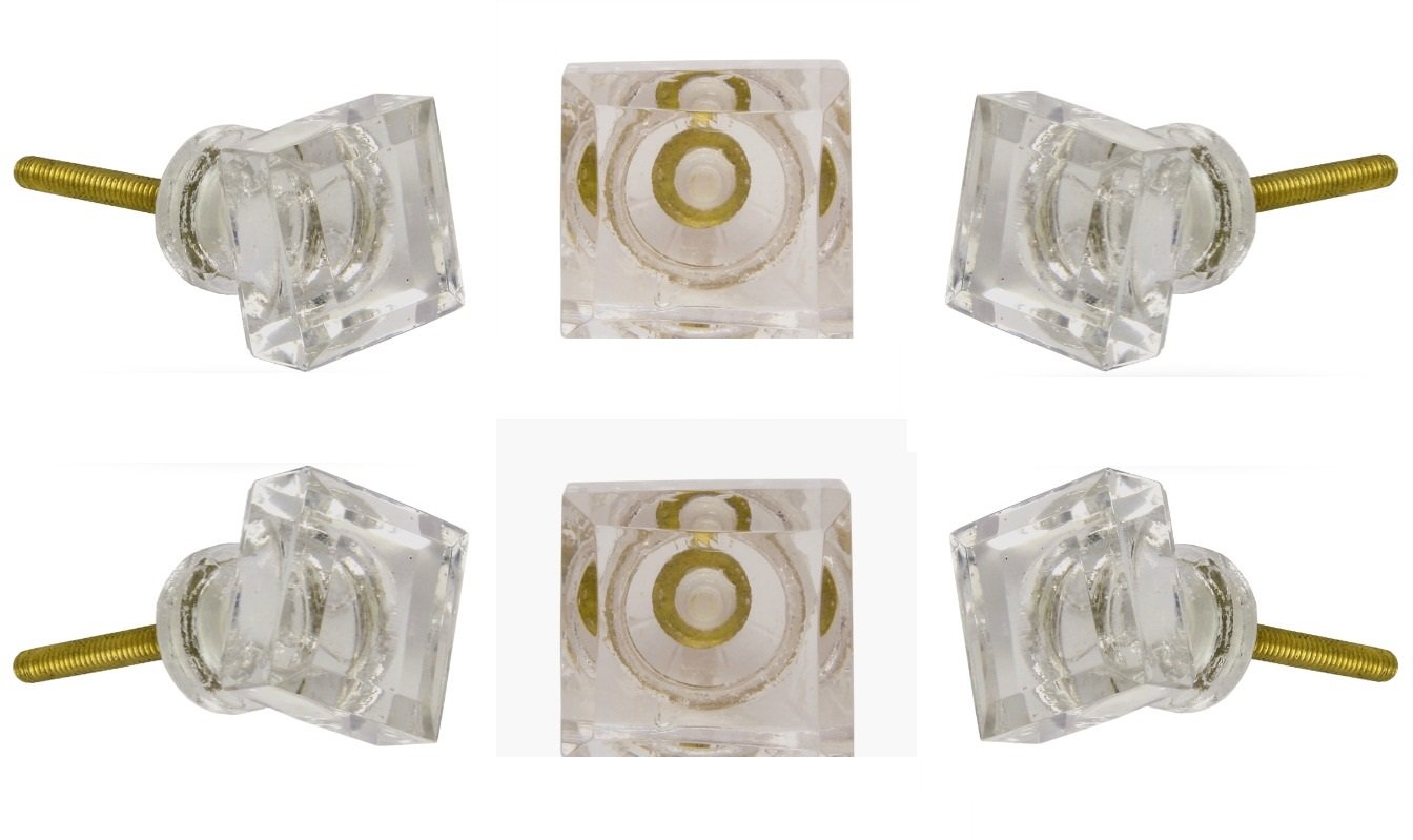 TRINCA-FERRO Set of 6 Clear Glass Square Cabinet Knobs - Small Drawer Pulls for Kitchen, Bathroom, Bedroom & Office Furniture - Perfect for Cabinets, Dressers, Wardrobes & Storage Units