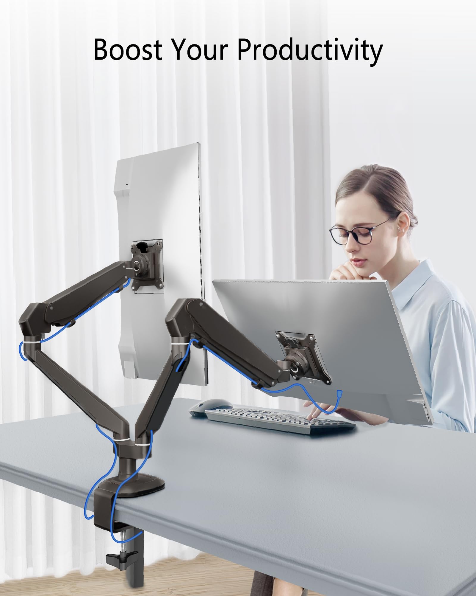 Dual Monitor Stand for 32 Inch Screens - Adjustable Gas Spring Monitor Arm Desk Mount Holds Up to 19.8 lbs - Aluminum Black for Home Office & Gaming Setup