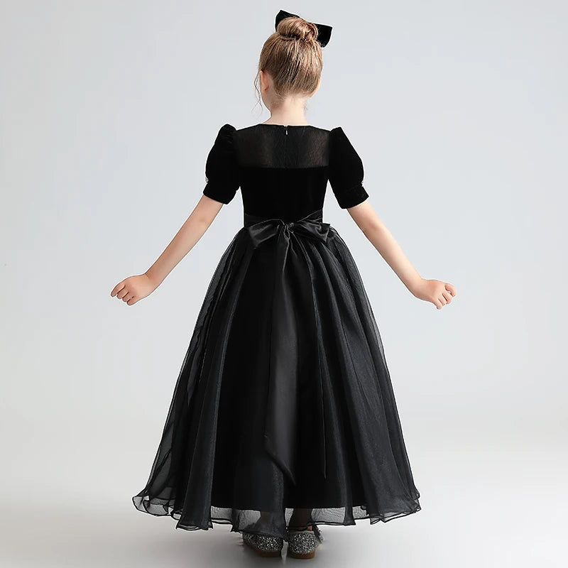 Black Puff Sleeve Girls Corduroy Tulle Party Dress - Elegant Holiday Outfit for Birthday, Christmas & Special Occasions
