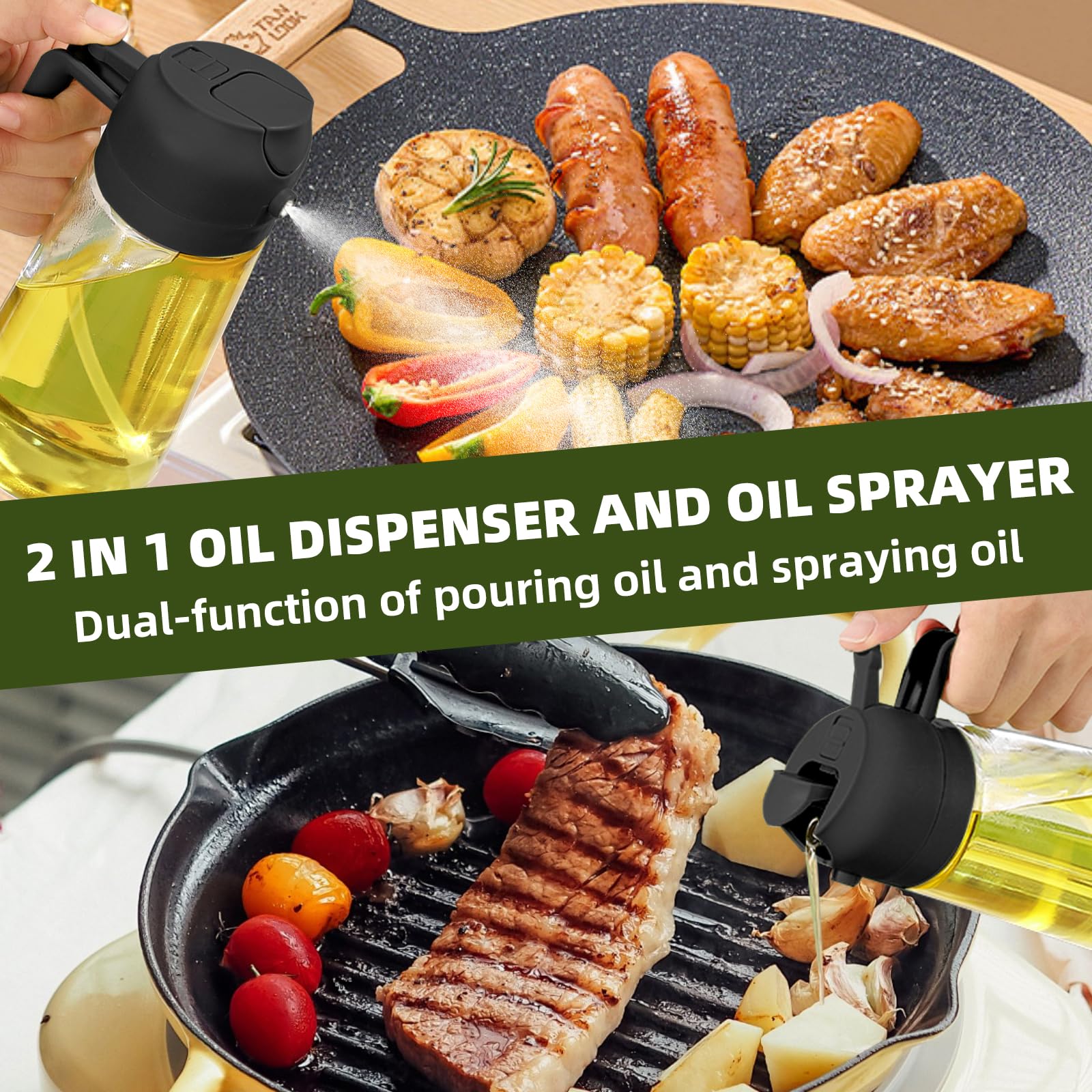 2 in 1 Olive Oil Sprayer & Dispenser Bottle with Brush - 16oz/470ml Kitchen Oil Sprayer for Cooking, Air Fryer, BBQ, Salad Dressing - Perfect for Healthy Cooking & Grilling (Black)