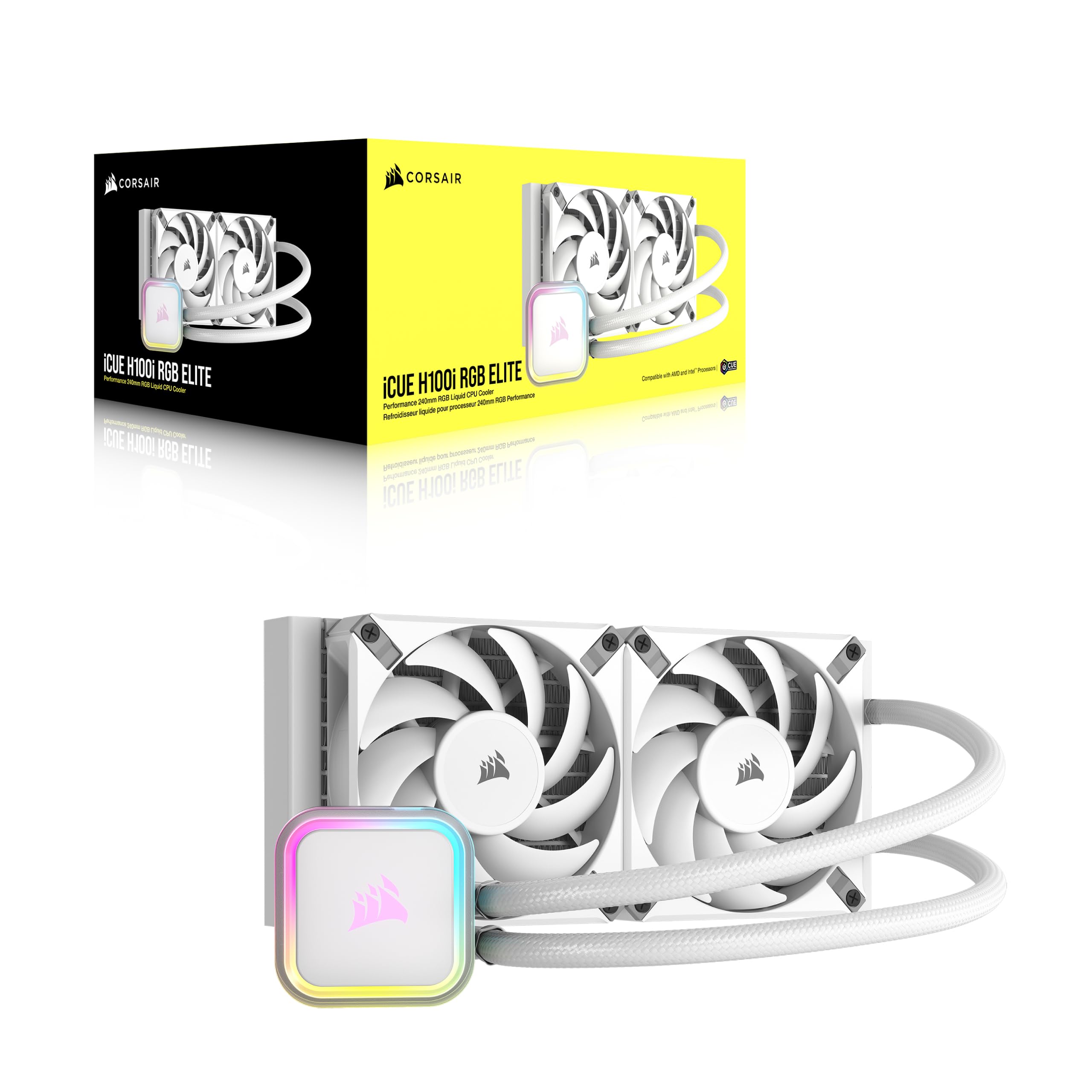CORSAIR H100i RGB Elite 240mm AIO Liquid CPU Cooler with AF120 Elite PWM Fans - Compatible with Intel LGA 1700/1200/2066 & AMD AM5/AM4 Sockets - White PC Cooling System for Gaming Rigs & High-Performance Computers