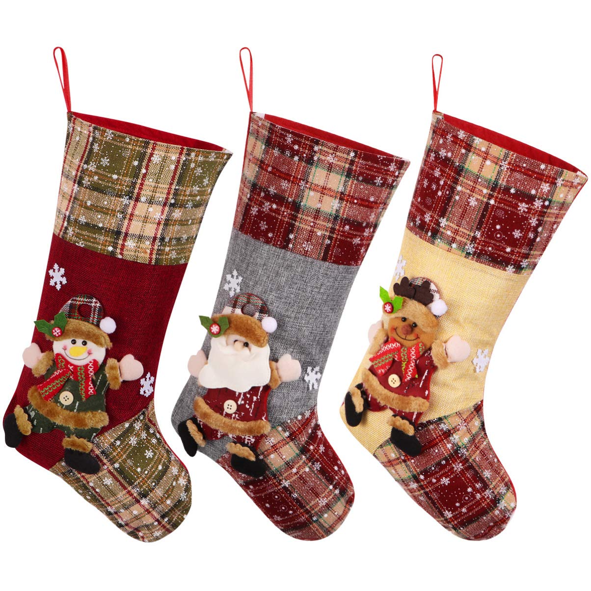 Festive Christmas Stockings Set of 3 - Santa, Snowman & Reindeer Holiday Decor (18