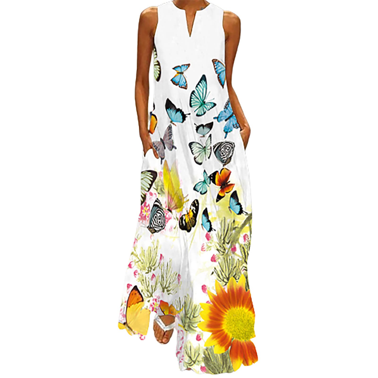 2024 Trendy Vintage Floral Maxi Dress for Women - V Neck Sleeveless Summer Sundress with Pockets | Casual Beach Wear, Vacation Outfit, Boho Chic Dress