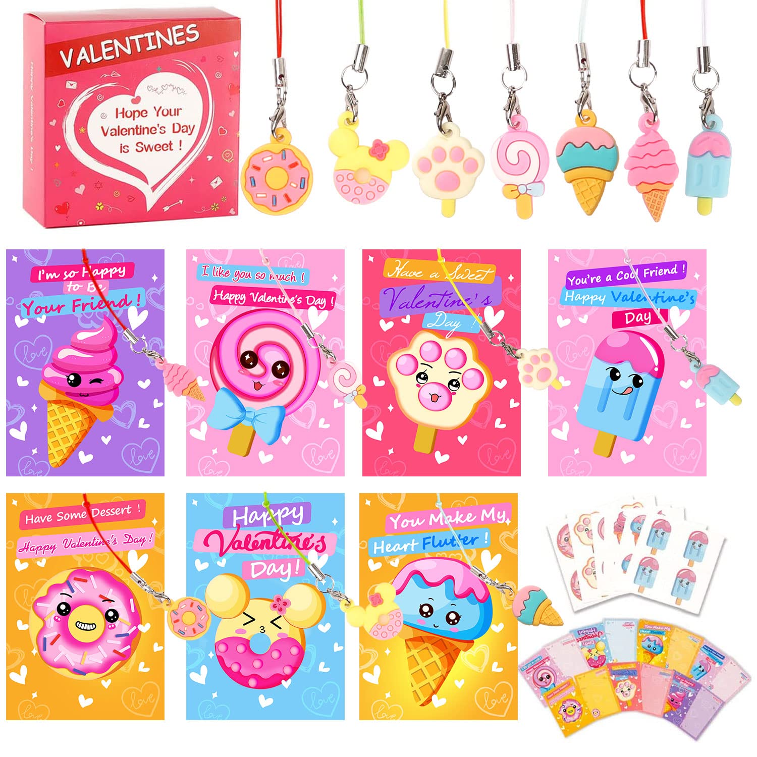 35Pcs Valentine's Day Cards for Kids - Cute Dessert-Themed Cards with 7 Unique Pendant Designs | Perfect for Classroom Exchanges, School Parties & Holiday Gifts | Fun Valentine's Day Activity for Preschool & Elementary Students