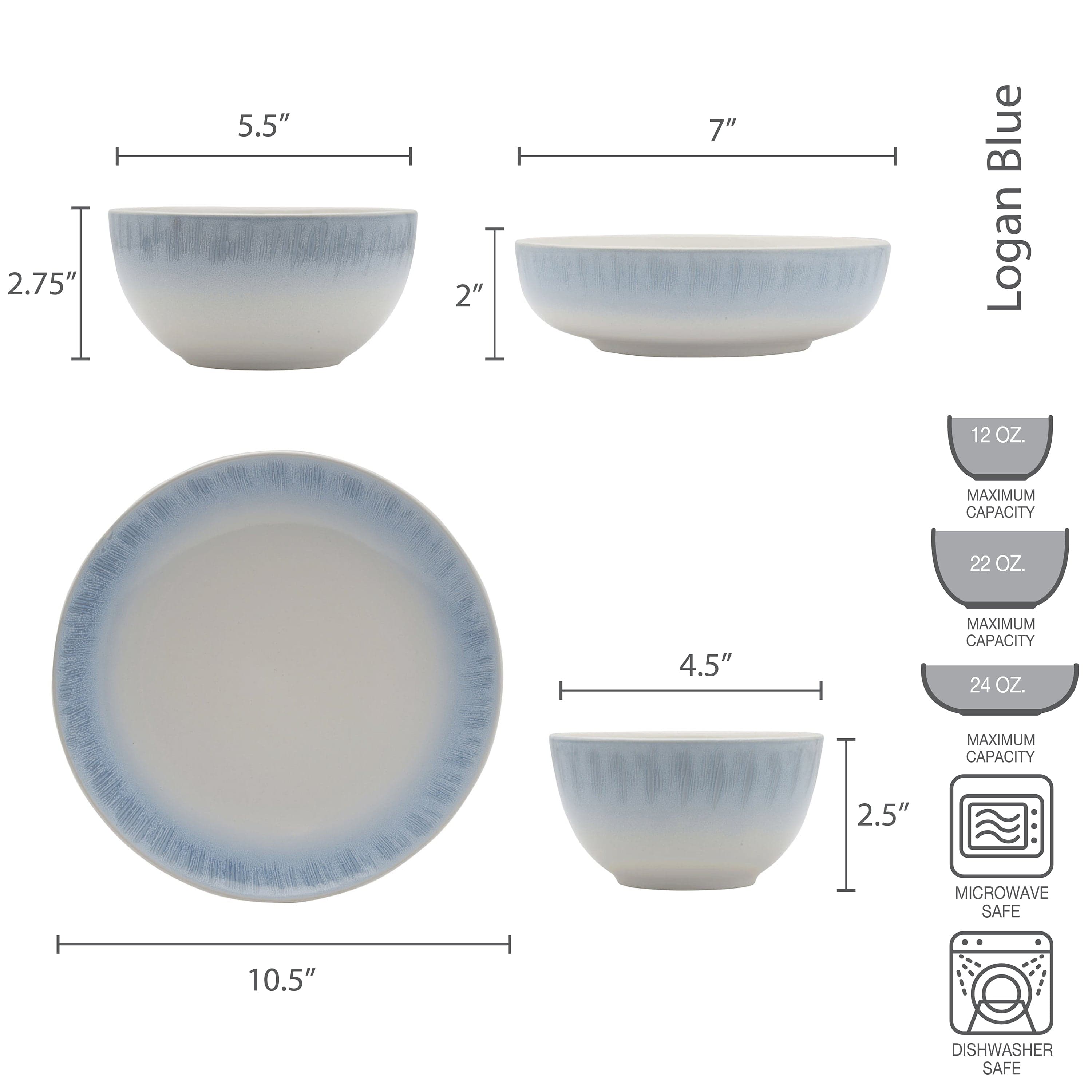 Logan Blue 32-Piece Dinnerware Set - Porcelain Tableware Service for 8 People, Dishwasher & Microwave Safe - Perfect for Family Dinners, Parties, and Holiday Gatherings