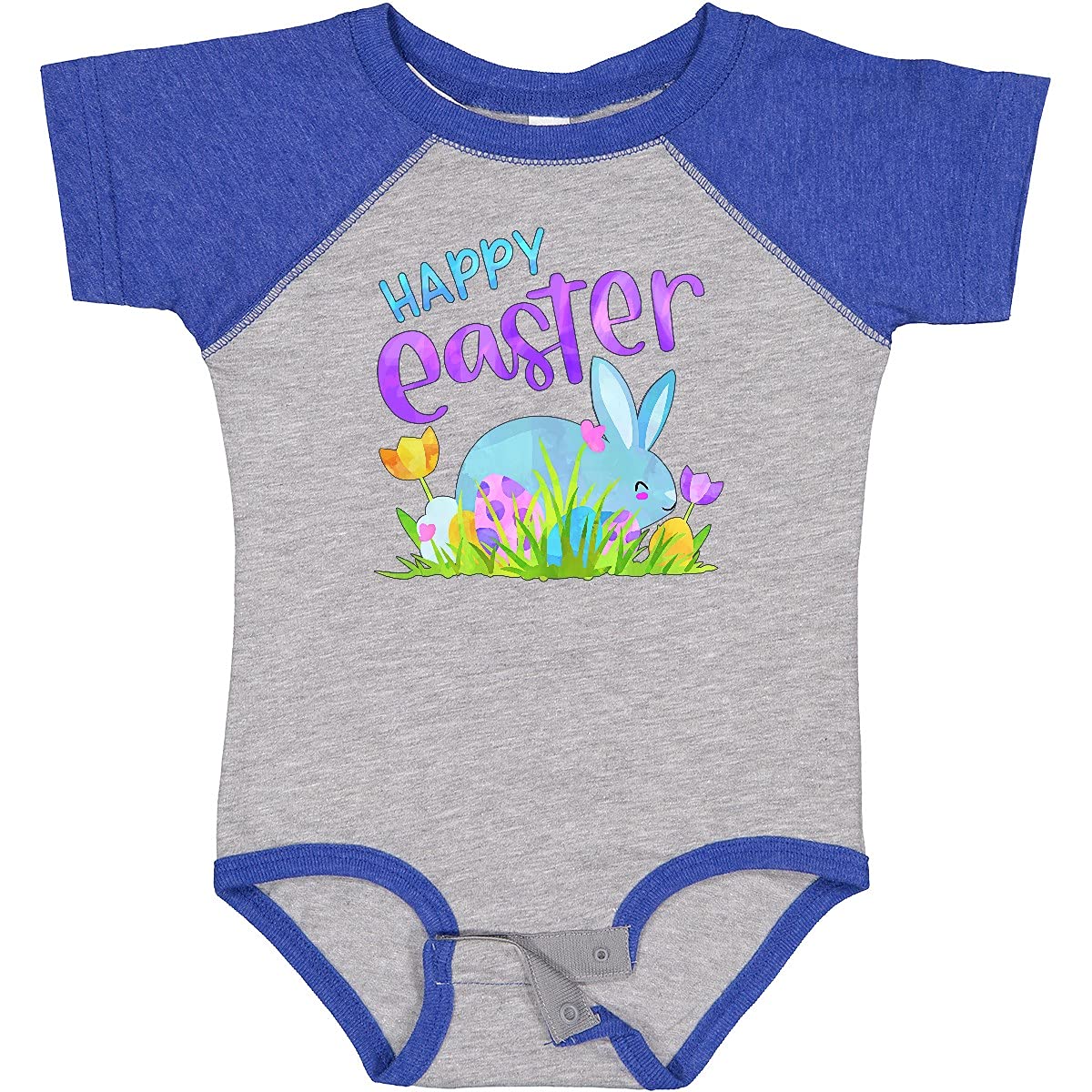 Inktastic Happy Easter Blue Bunny and Eggs in Grass Baby Bodysuit - Cute Easter Outfit for Infants, Toddler Easter Photo Shoot, Spring Holiday Celebration, Baby Shower Gift