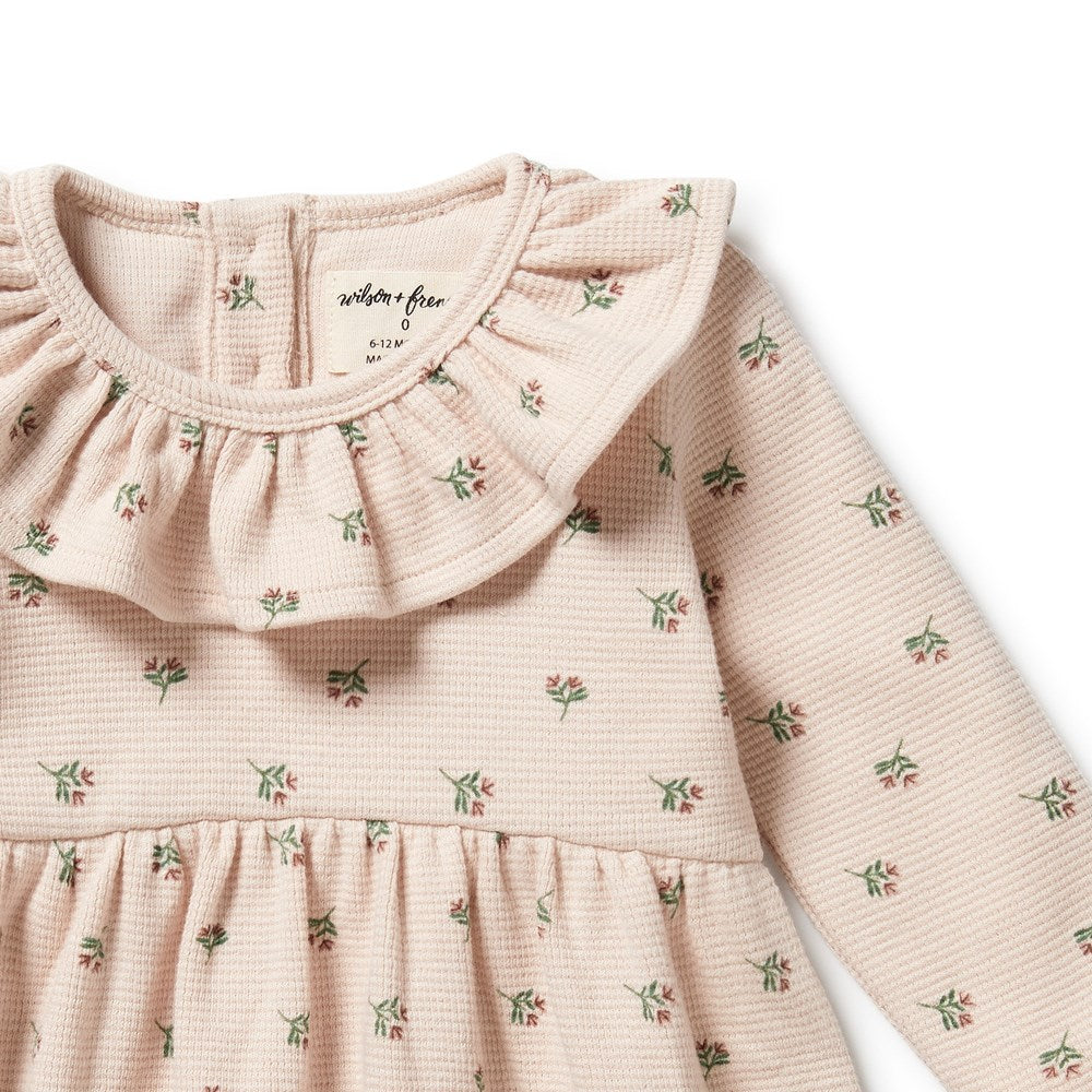 Emily Floral Organic Cotton Waffle Ruffle Dress for Women - Elegant Summer Casual Wear for Beach, Brunch & Outdoor Events