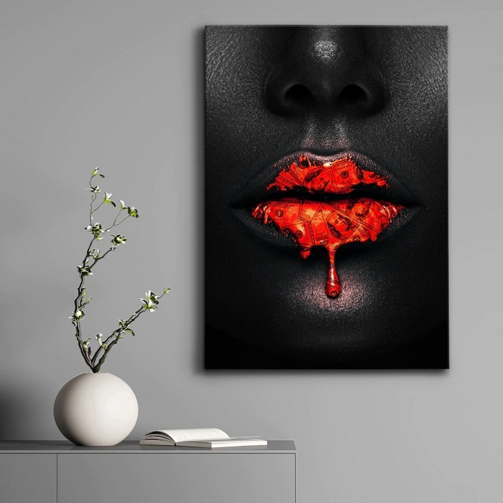 Black Women Red Lips Art - Dripping & Seductive Canvas Wall Decor - Perfect for Living Room, Bedroom & Office Aesthetic