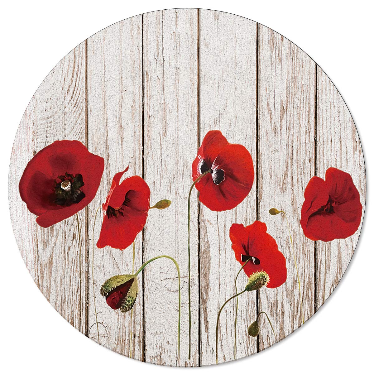 Large 4ft Round Area Rug - Non-Slip Red Poppies Floral Design with Retro Wooden Stripes, Washable Floor Mat for Bedroom, Living Room & Kids Room | Perfect for Home Decor, Nursery & High Traffic Areas