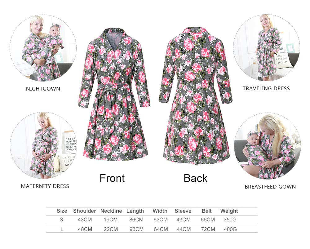 4 Pack Maternity Robe & Baby Swaddle Set with Hat - Stretchy Nursing Dress with Pockets, Soft Receiving Blanket for Mom & Newborn (Grey Floral) - Perfect for Hospital Delivery, Breastfeeding & Newborn Photo Shoots