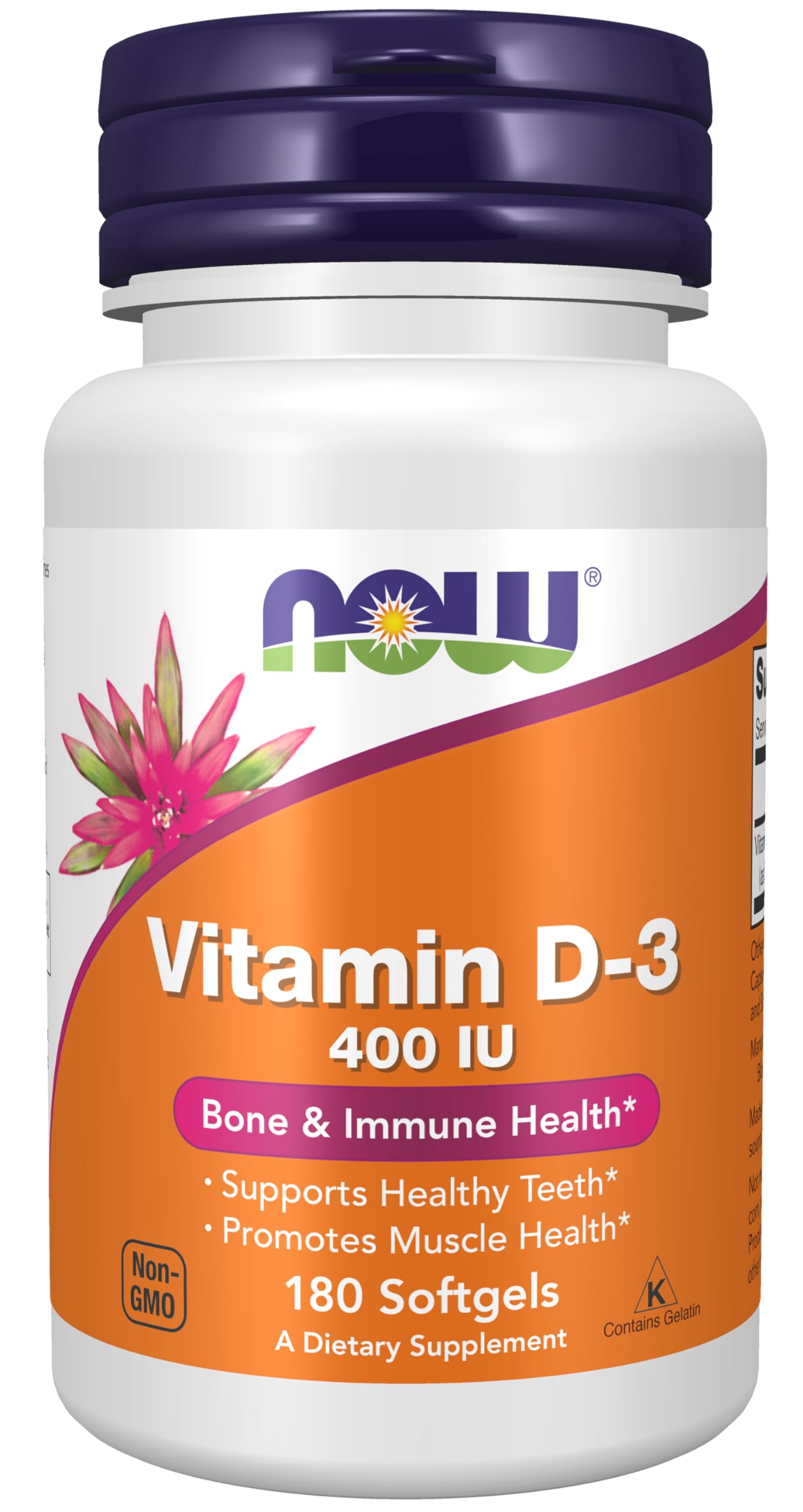NOW Supplements Vitamin D-3 400 IU Softgels - Supports Strong Bones & Structural Health - 180 Count - Essential for Immune System & Calcium Absorption - Perfect for Daily Wellness & Bone Support