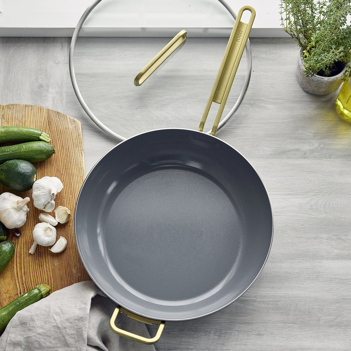 Stanley Tucci™ 6.5 Quart Stainless Steel Ceramic Nonstick Essential Cookware Set with Glass Lid & Champagne Handle - Perfect for Sauteing, Braising & Family Meals