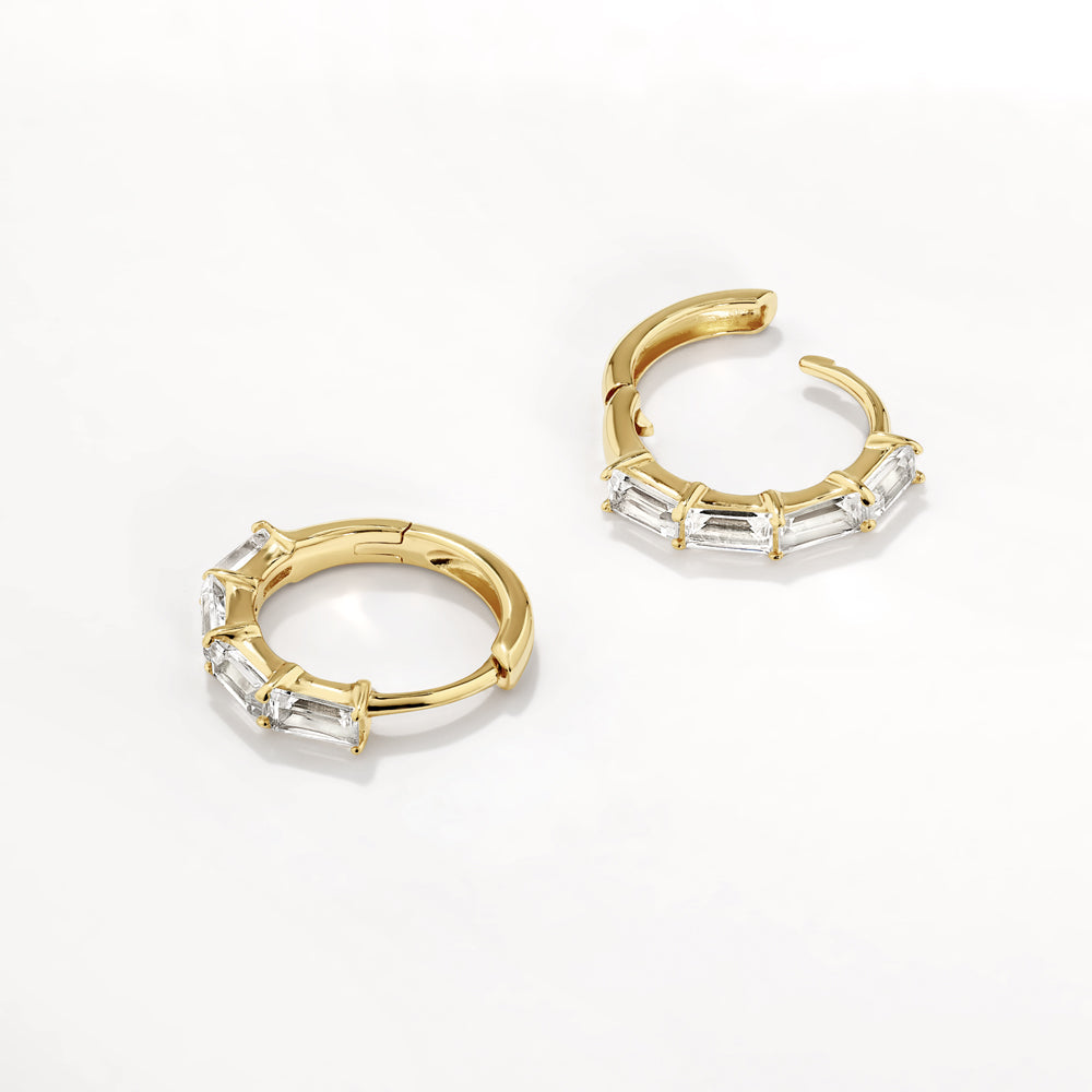 White Topaz Baguette Huggie Earrings in 14K Gold - Elegant Everyday Hoop Earrings for Women, Perfect for Work, Date Night & Special Occasions