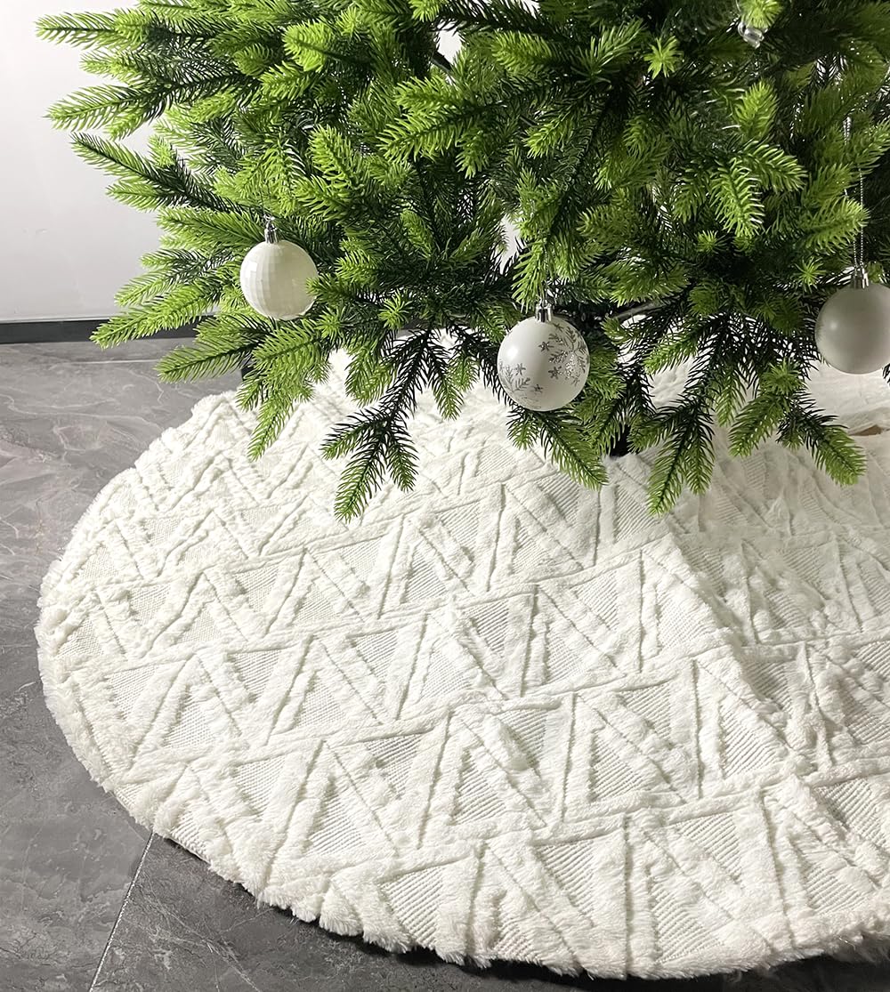 48 Inch Christmas Tree Skirt - Faux Fur with Cable Knit Design, Thick Holiday Tree Decor for Xmas - Perfect for Living Room, Fireplace & Festive Home Decorations