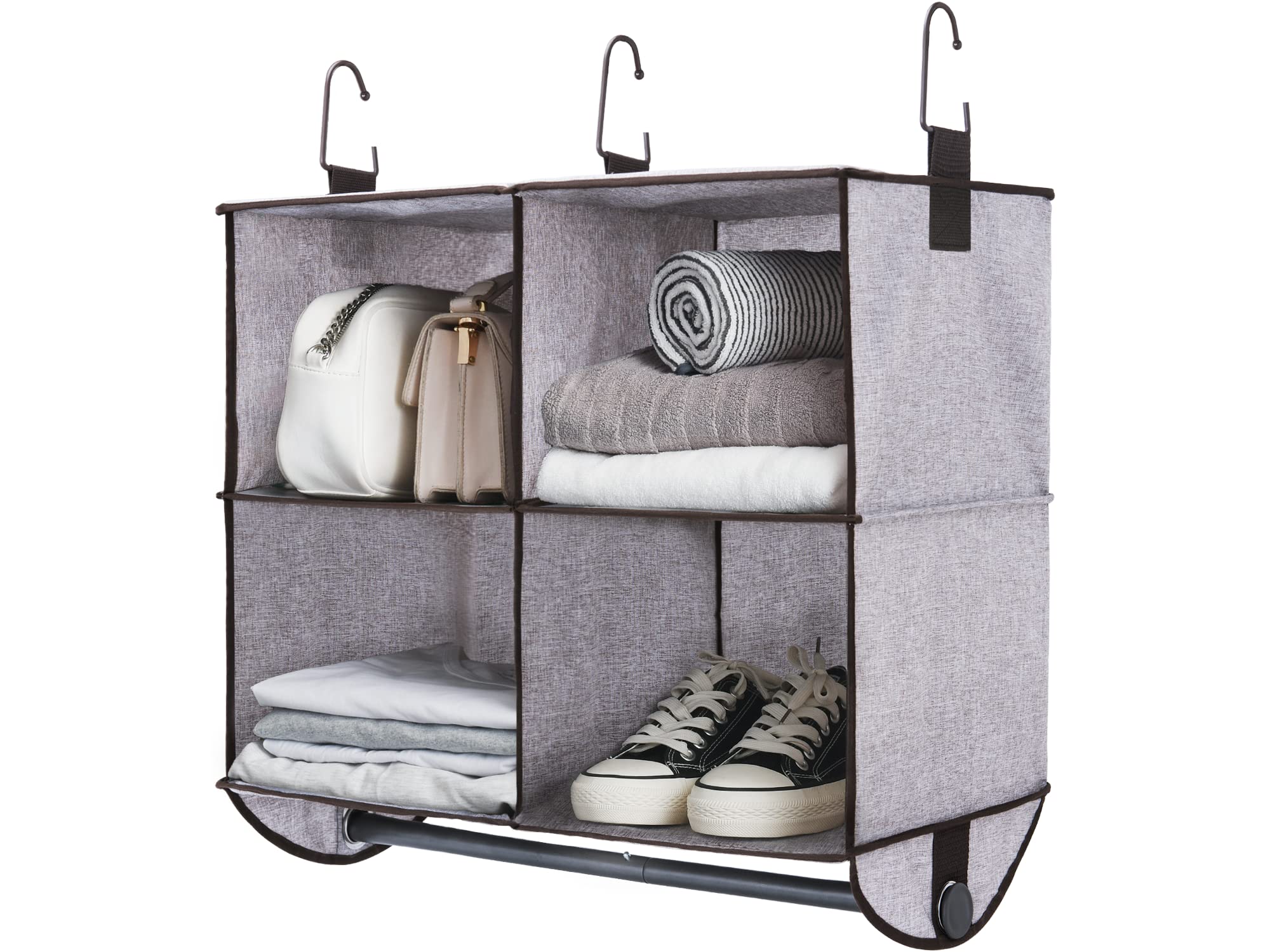 StorageWorks 4-Section Hanging Closet Organizer with Garment Rod - Fabric Shelves for Clothes, Shoes & Accessories (24.5