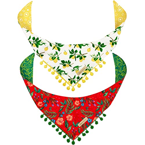 Vintage Red Floral & Yellow Lemon (2 Pom Pom Bandanas)