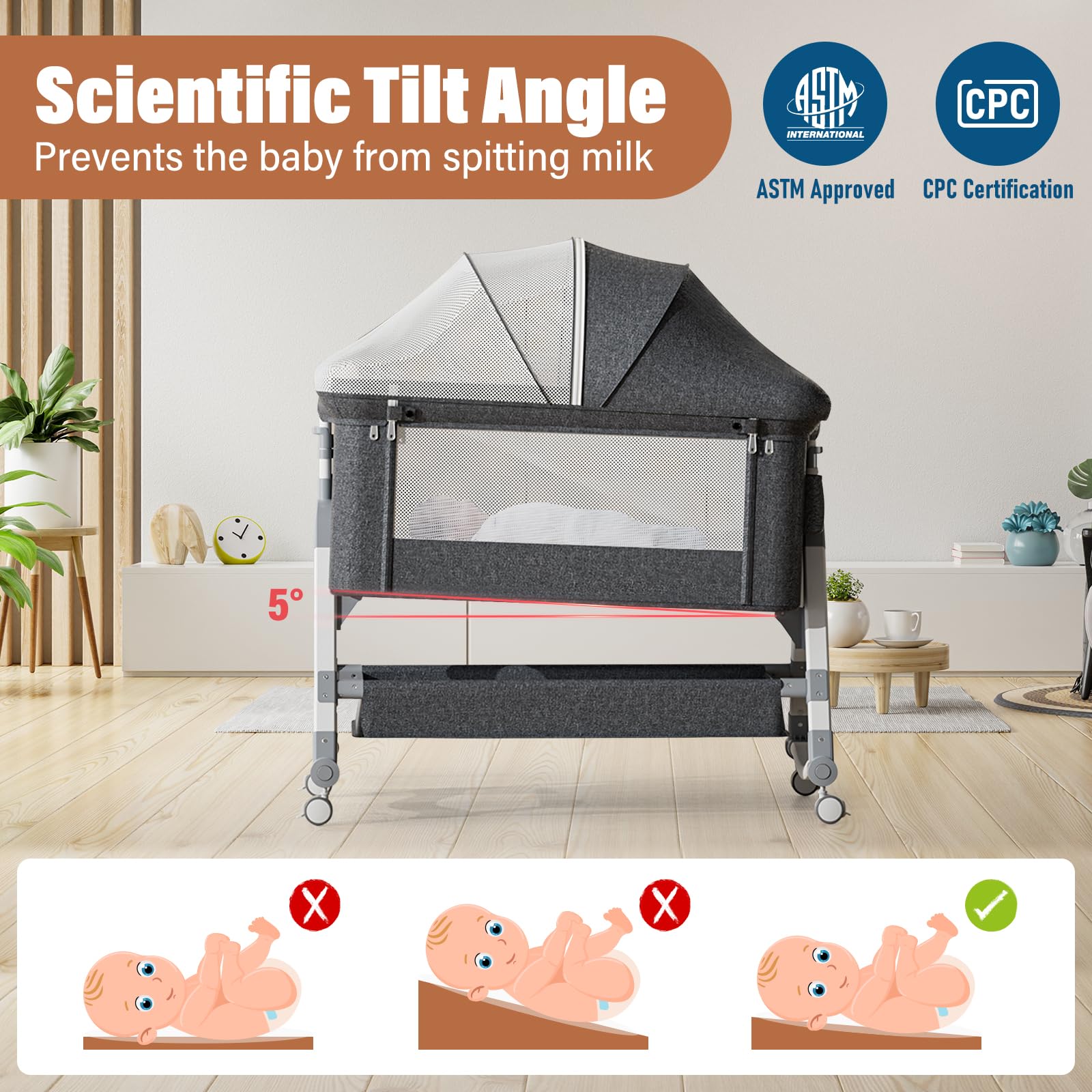 Jaoul 4-in-1 Adjustable Baby Bassinet & Bedside Sleeper - Portable Folding Crib with Comfort Mattress, Mosquito Net & Storage - Gray | Perfect for Newborns, Nursery, Co-Sleeping & Travel