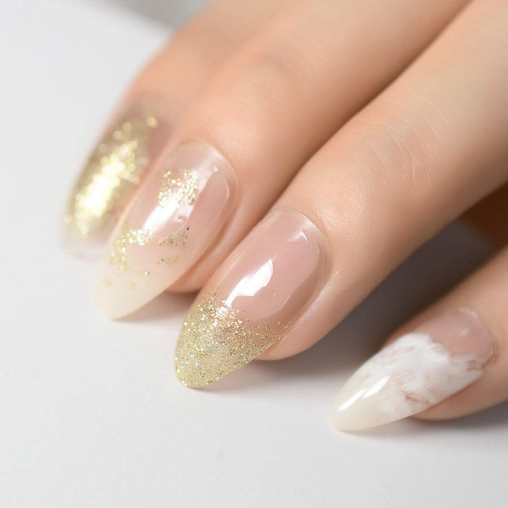 Elegant French Tip False Nails - White & Gold Almond Oval Fake Nails for Daily Wear, Party & Special Occasions | Easy DIY Nail Art Tips