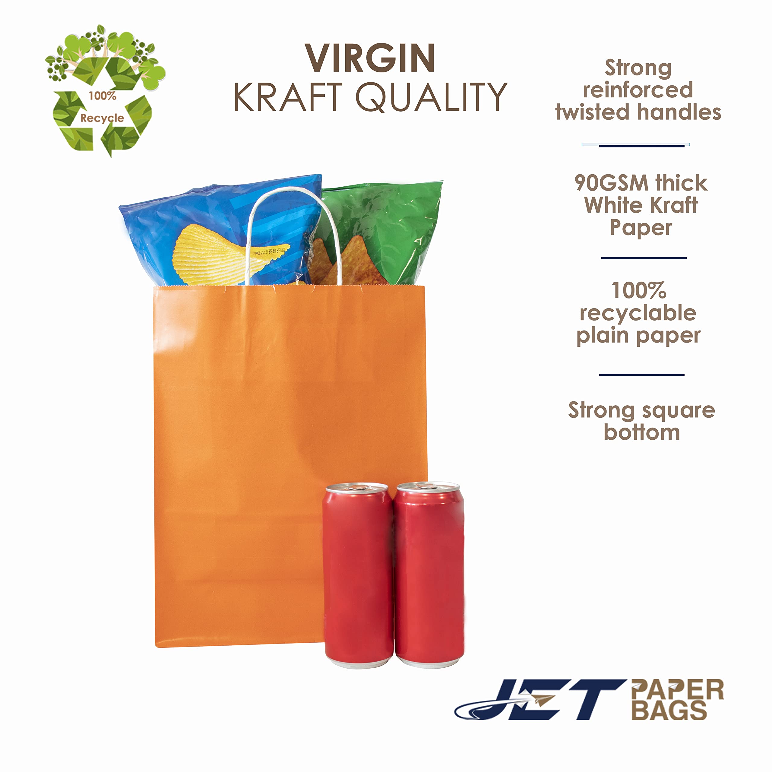 JET PAPER BAGS - 10x5x12 Inch [100 Pcs] Medium Kraft Gift Bags with Handles - Bulk Prime Kraft Paper Bags for Gifts, Grocery, Retail, Party & Weddings - Orange (100 Count) - Perfect for Birthday Presents, Bridal Showers & Holiday Gift Wrapping